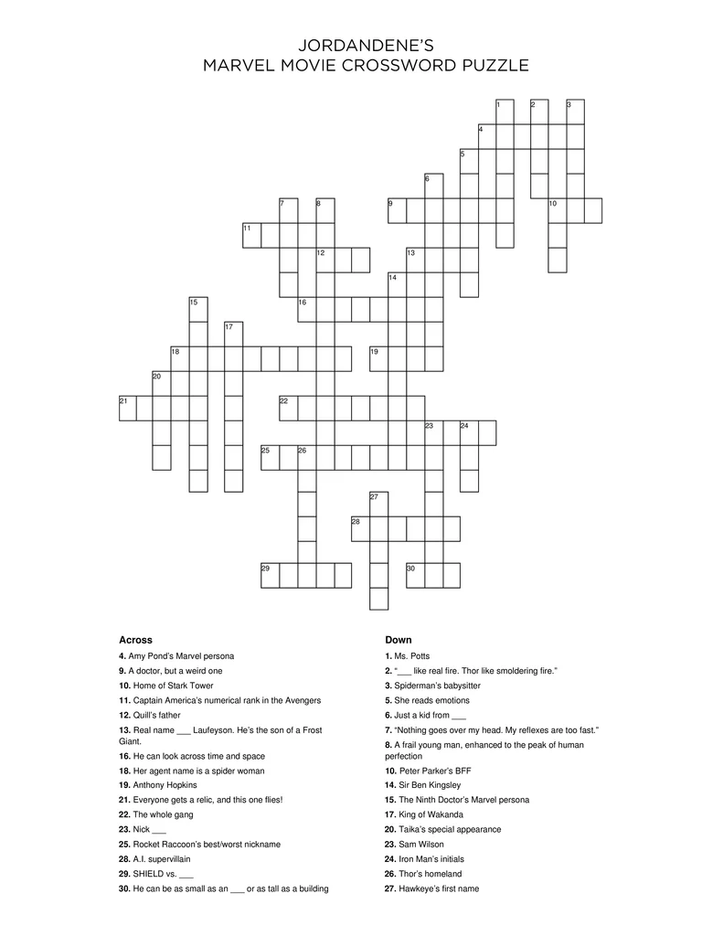 Marvel Movies Crossword Puzzle Jordandene