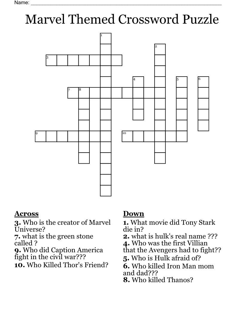 Marvel Themed Crossword Puzzle WordMint