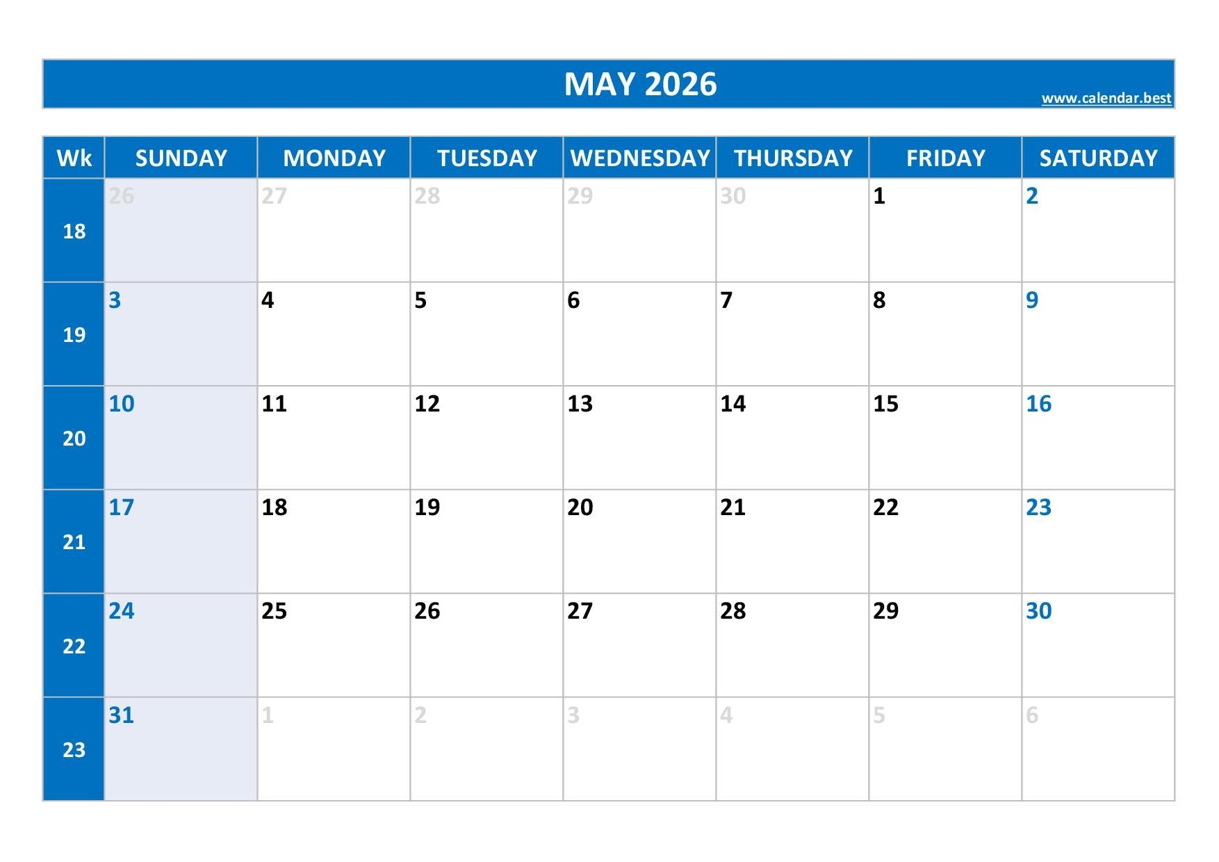 May Calendar 2026 Printable Free Template