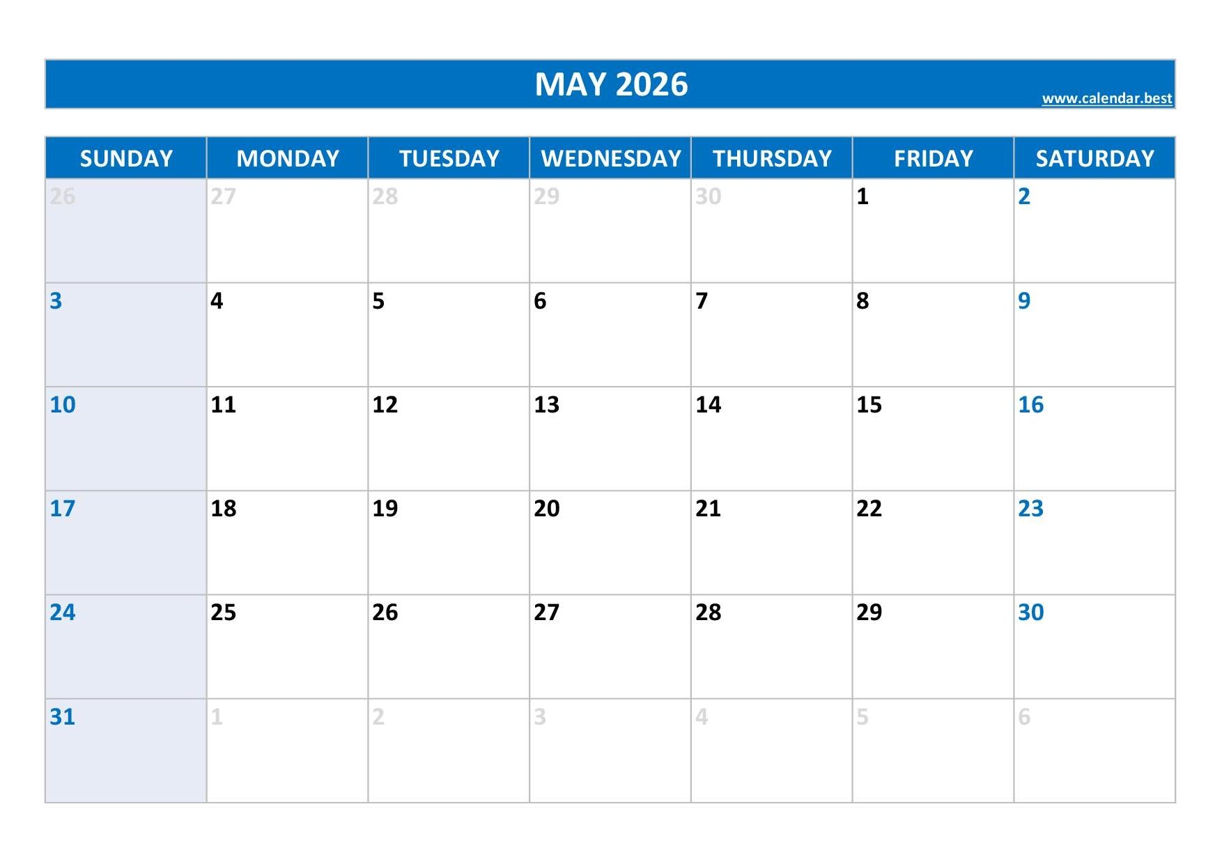 Blank May Calendar 2026 Printable Free