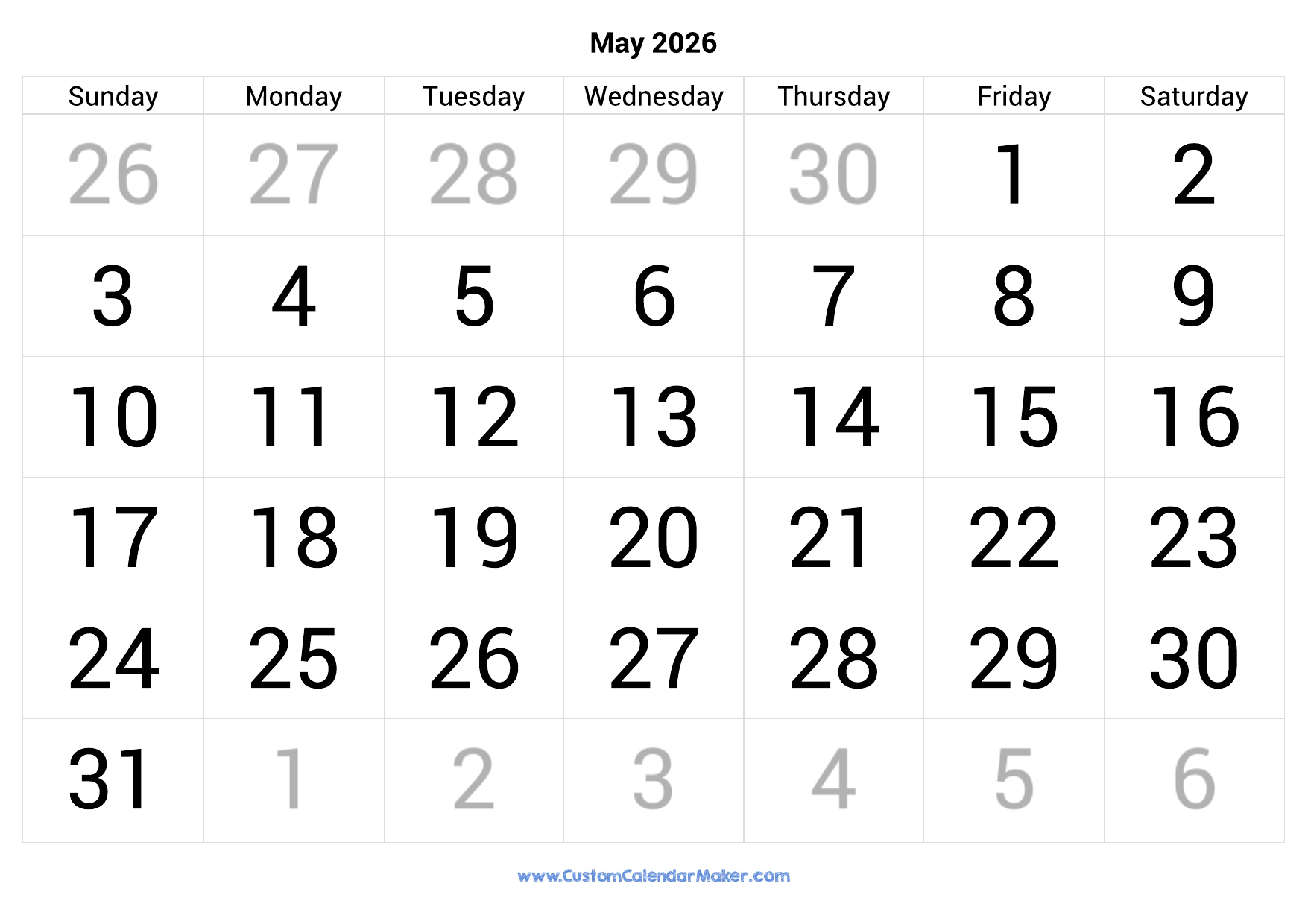 Printable Calendar 2026 May