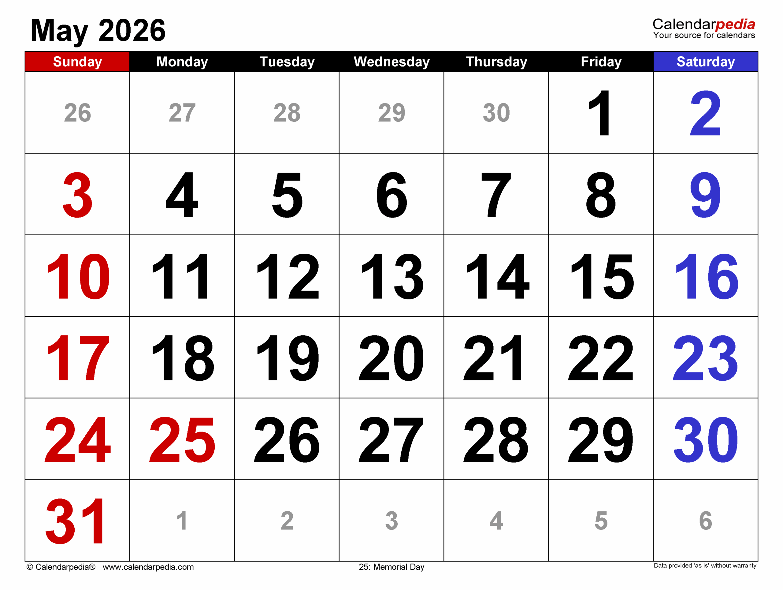May 2026 Calendar Page Printable