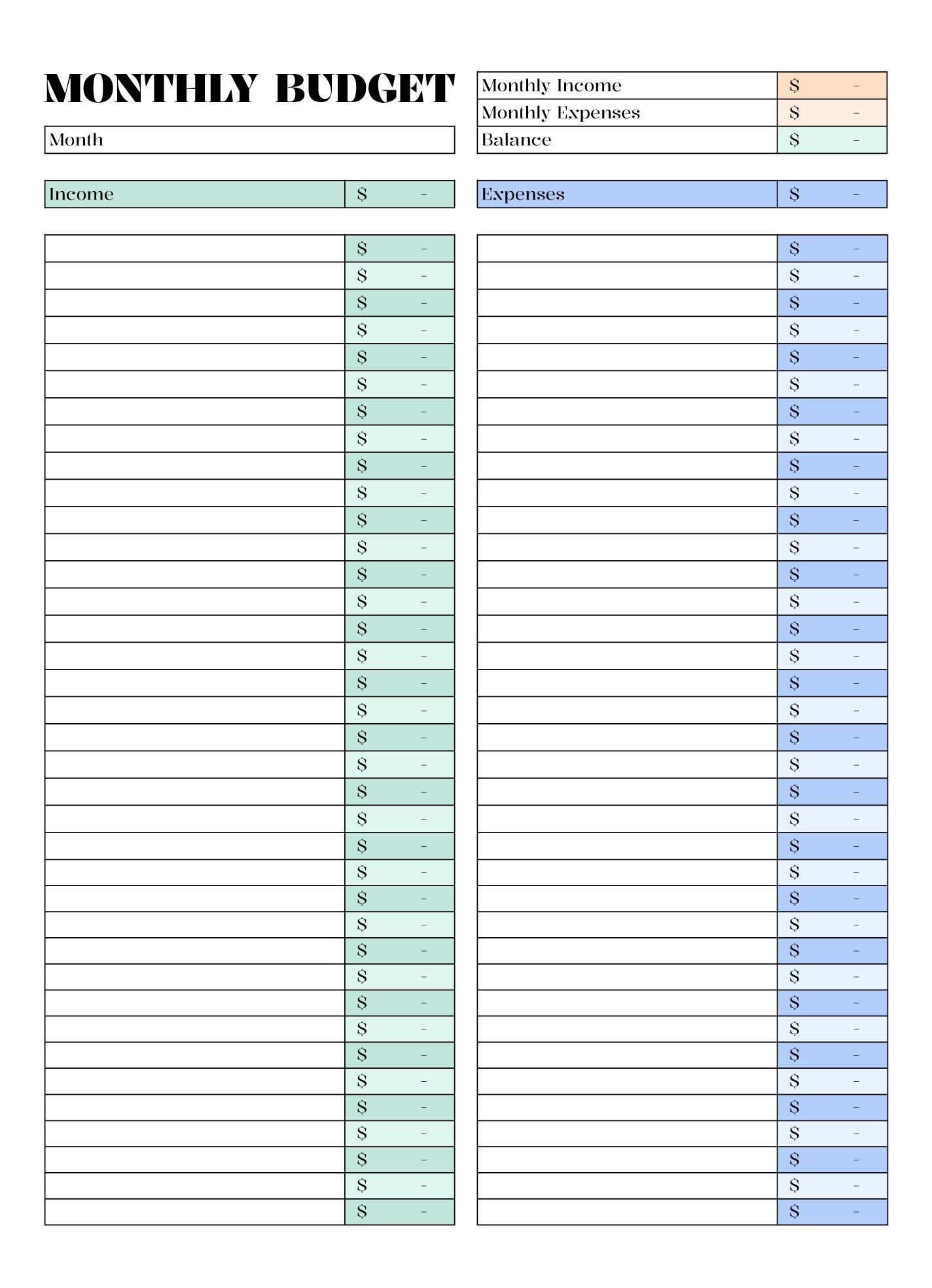 Printable Income Expense Sheet