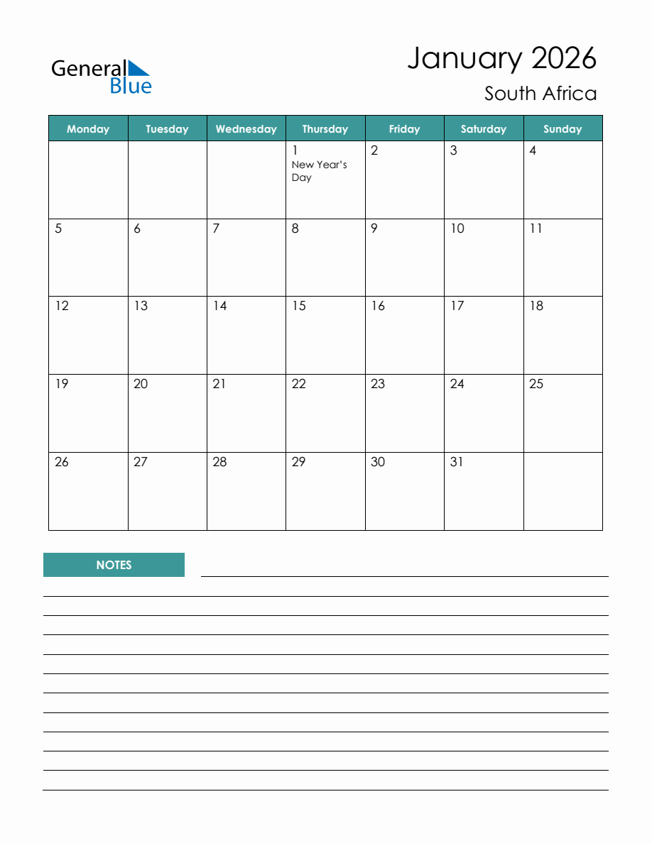 Monthly Planner With South Africa Holidays January 2026 Monday 