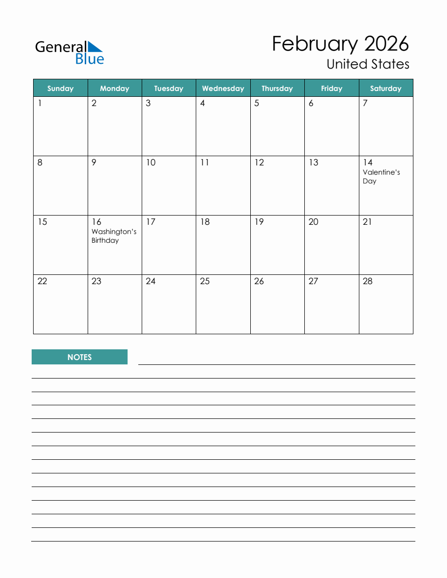 Monthly Planner With United States Holidays February 2026
