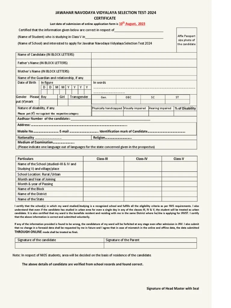 Navodaya Form Class 9 2026