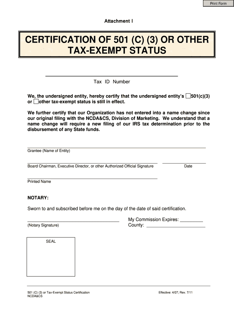 NC Certification Of 501c3 Or Oformr Tax Exempt Fill Online 