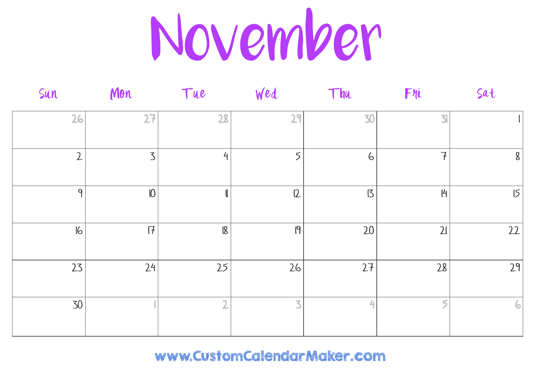 November Calendar Printable