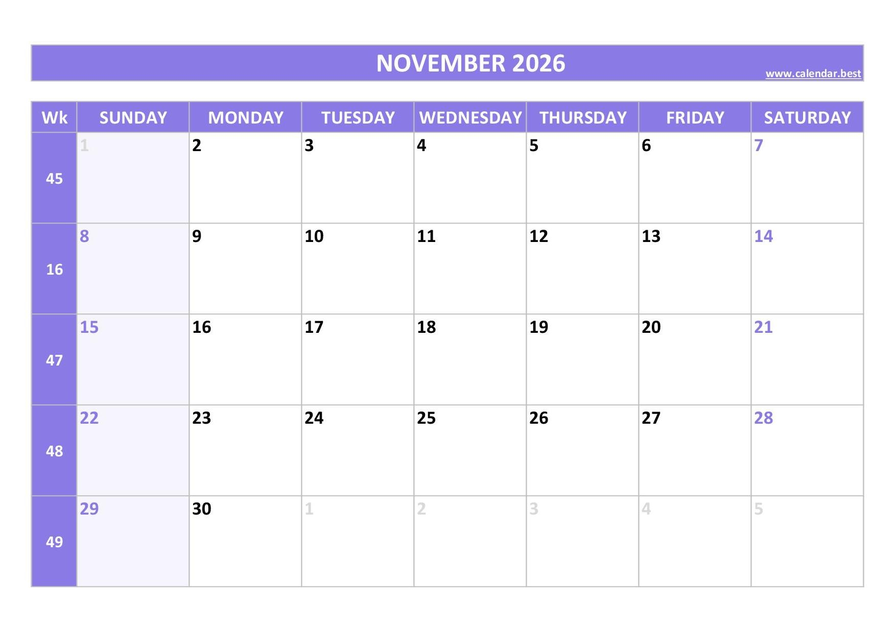 Printable October November 2026 Calendar