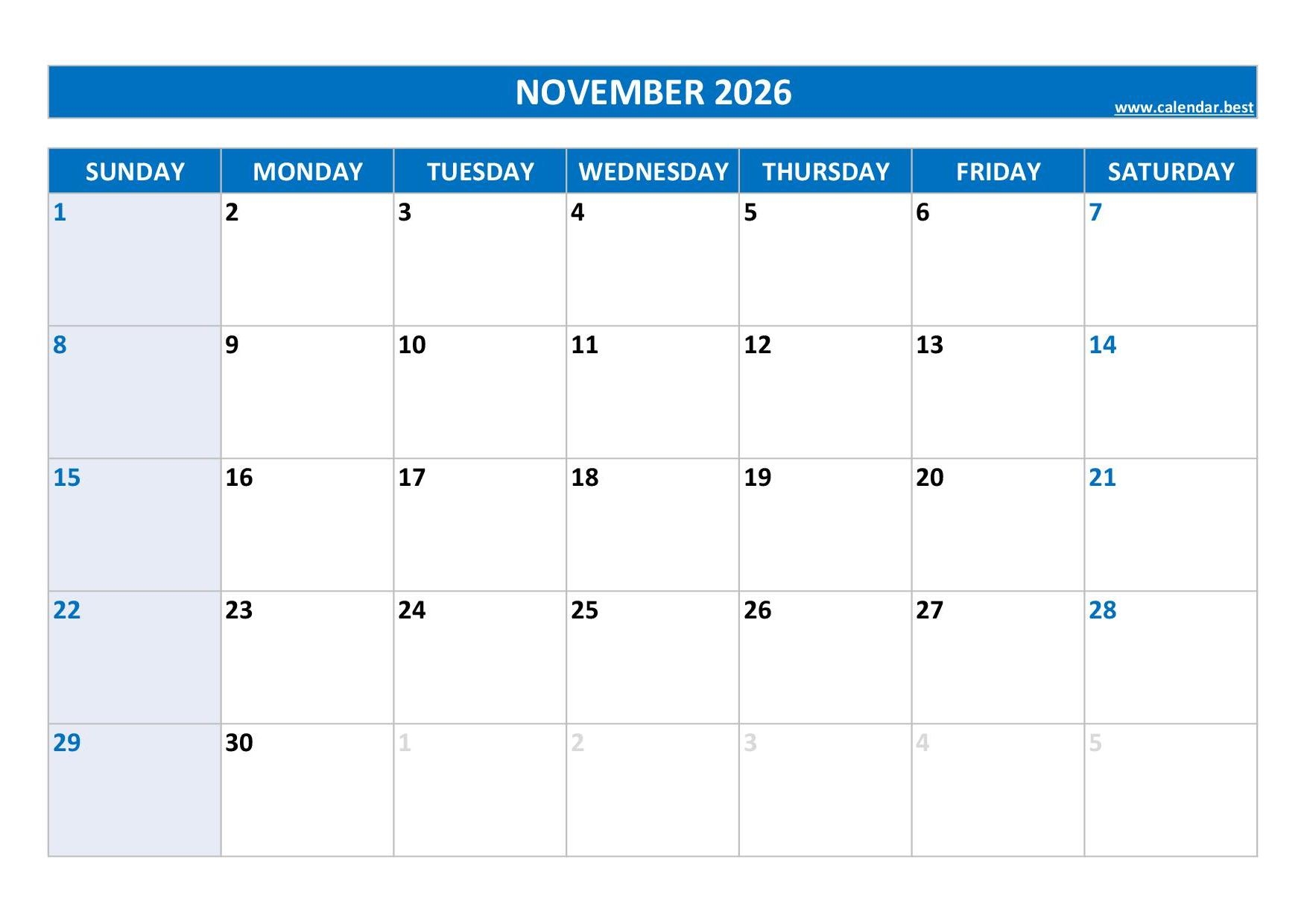Free Printable Calendar Templates November 2026
