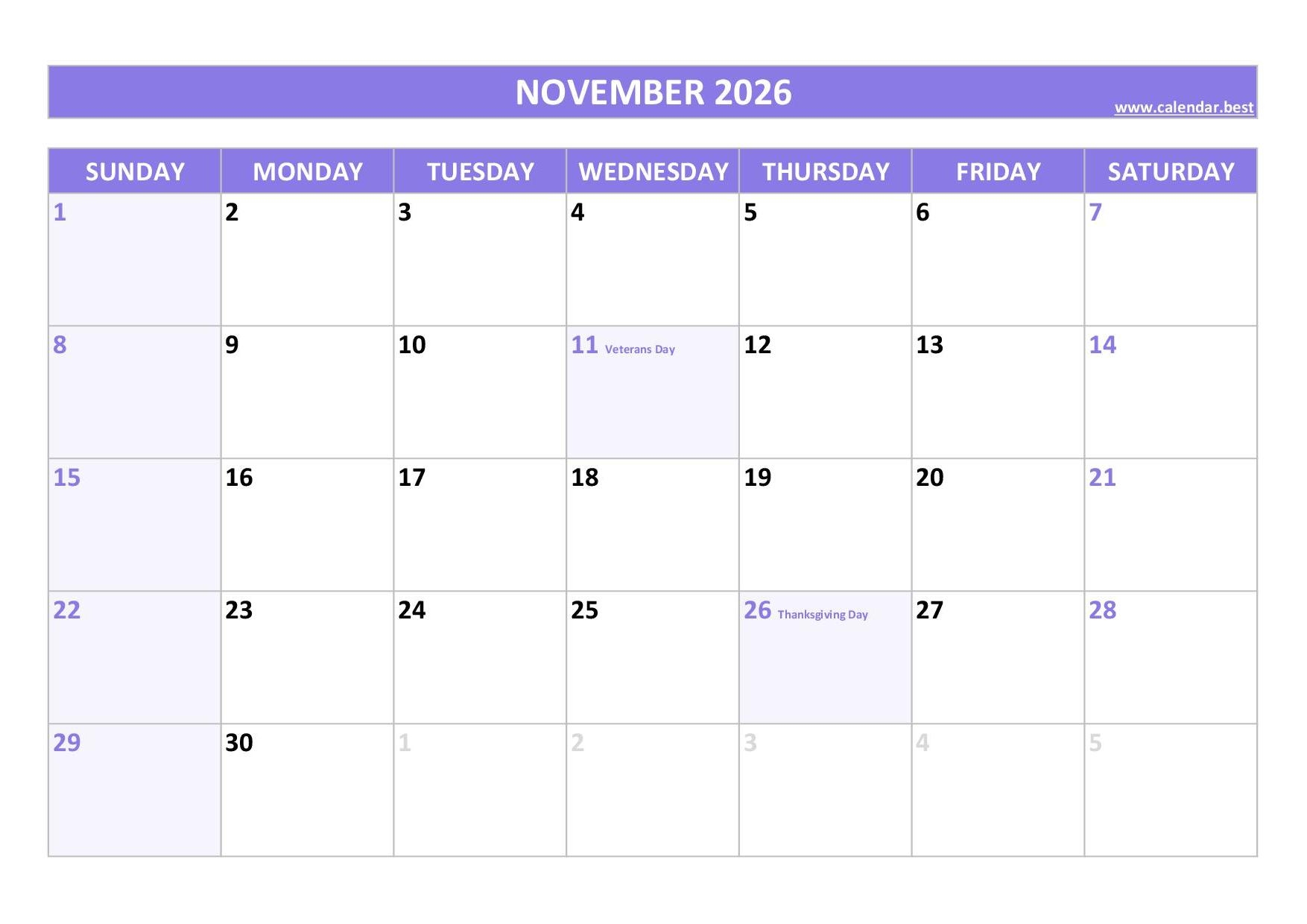 Printable Calendar Monthly November 2026