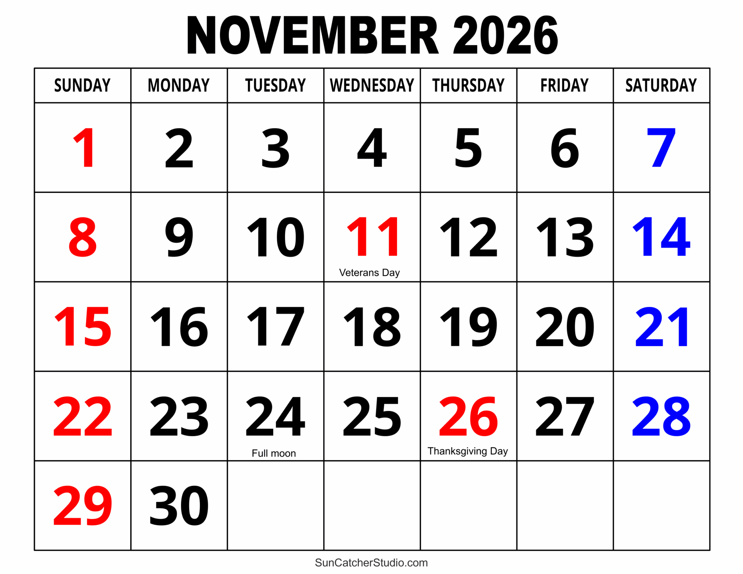 November 2026 Calendar Free Printable Free Printables 