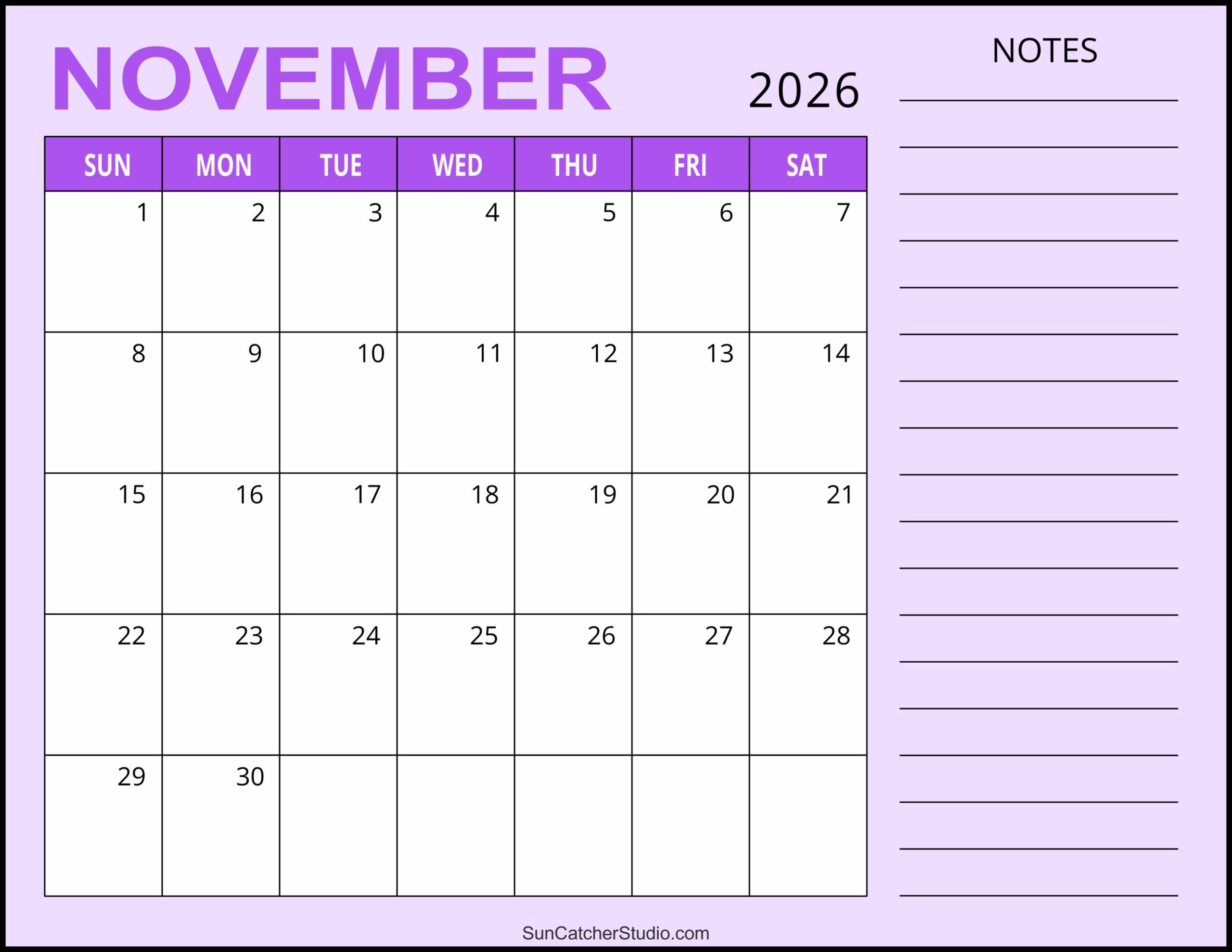 Printable November 2026 Calendar By Month