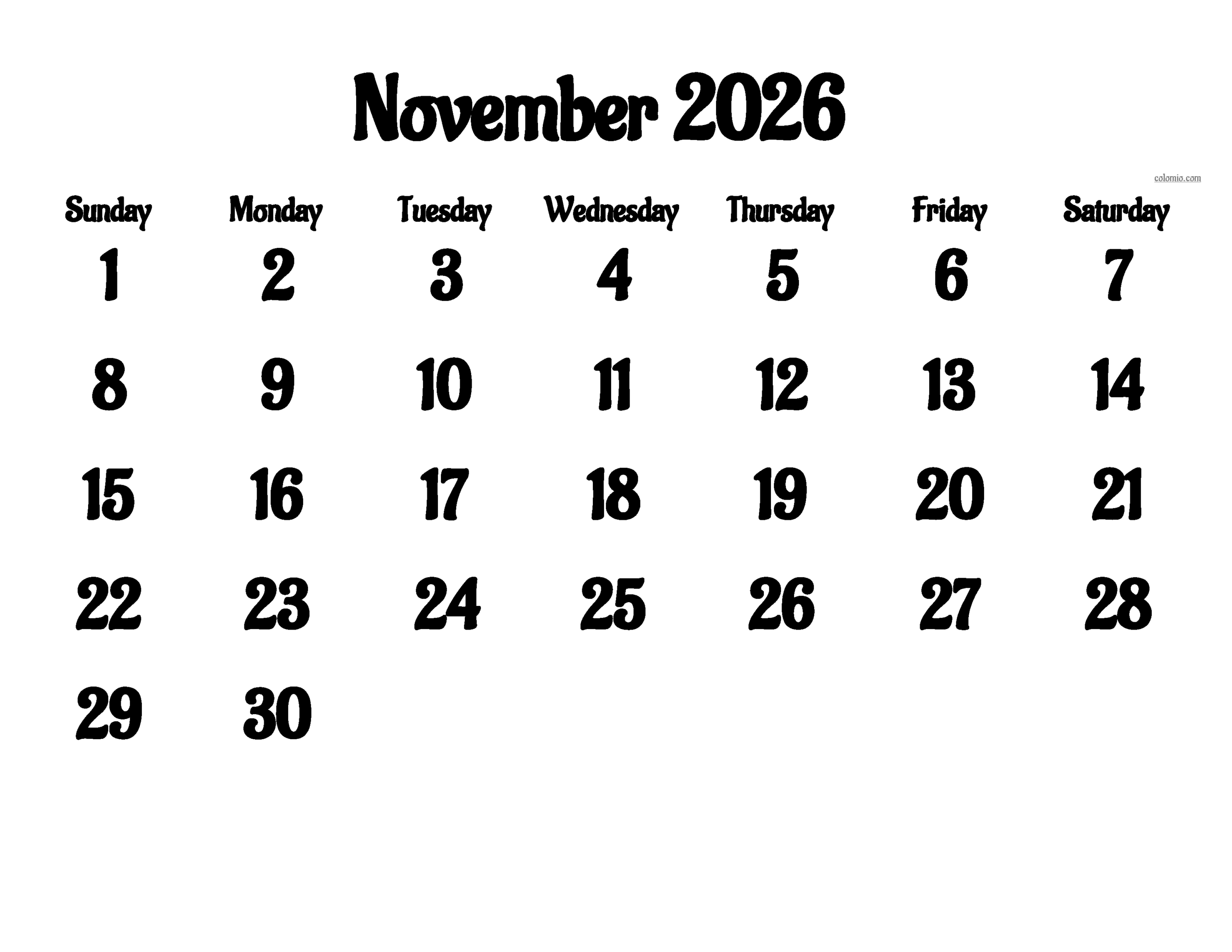 Printable Calendar For 2026 November