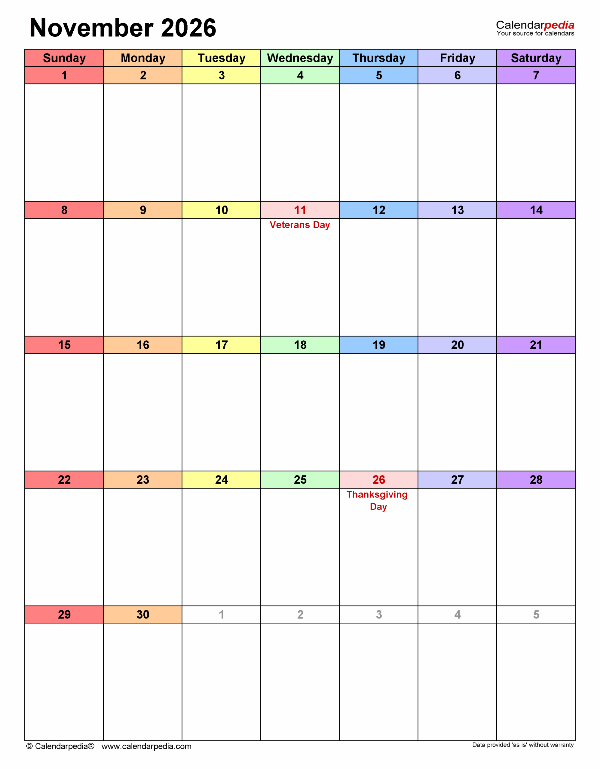 November Feast Calendar 2026 Printable