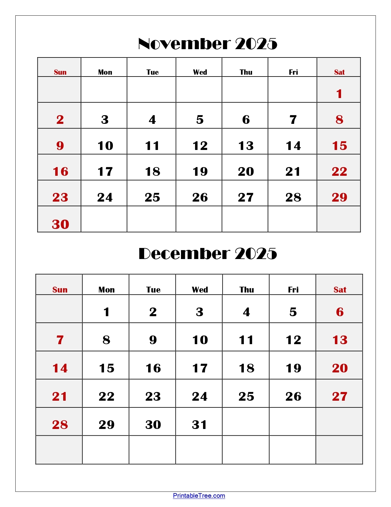 November And December Printable Calendar