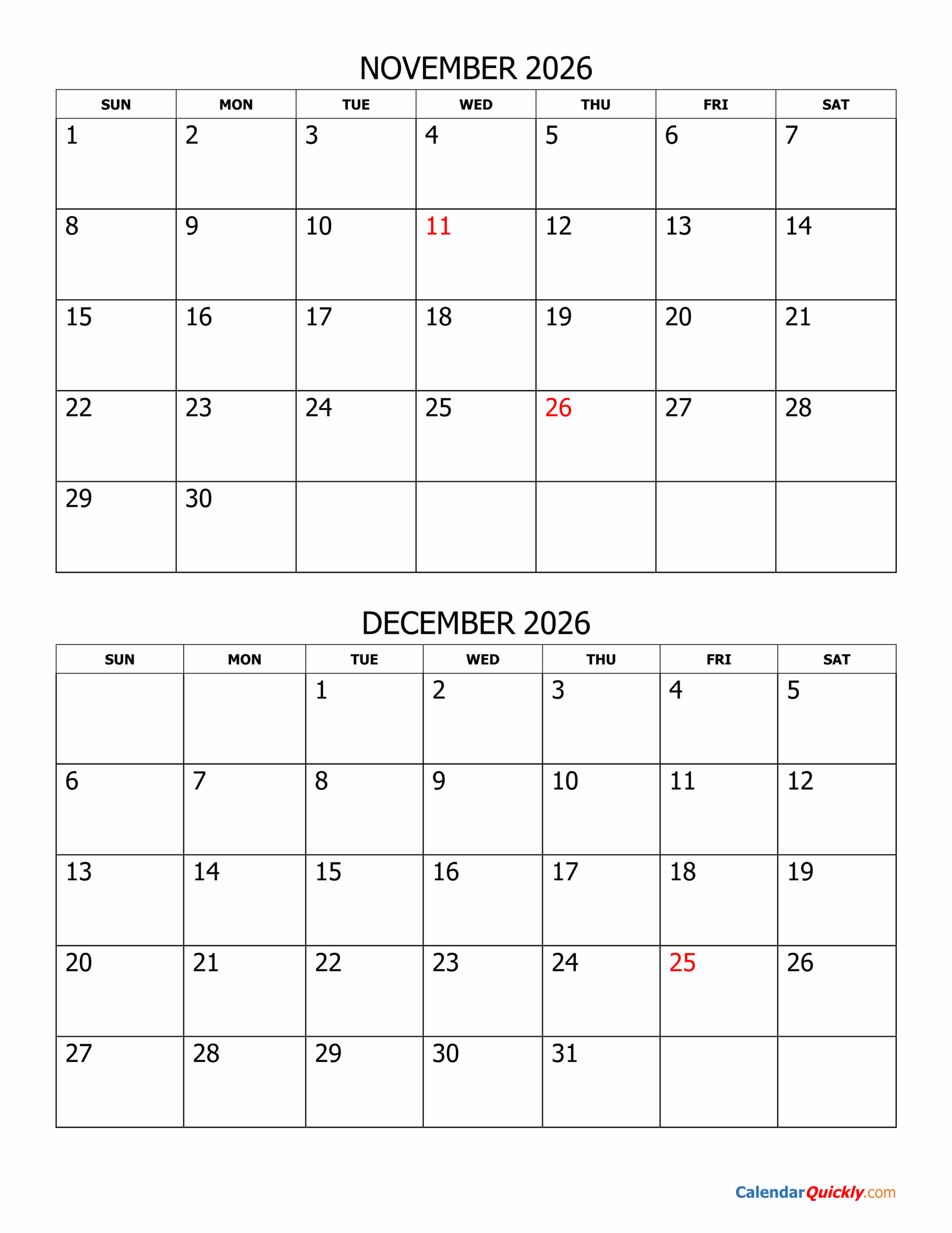 November And December 2026 Calendar Calendar Quickly