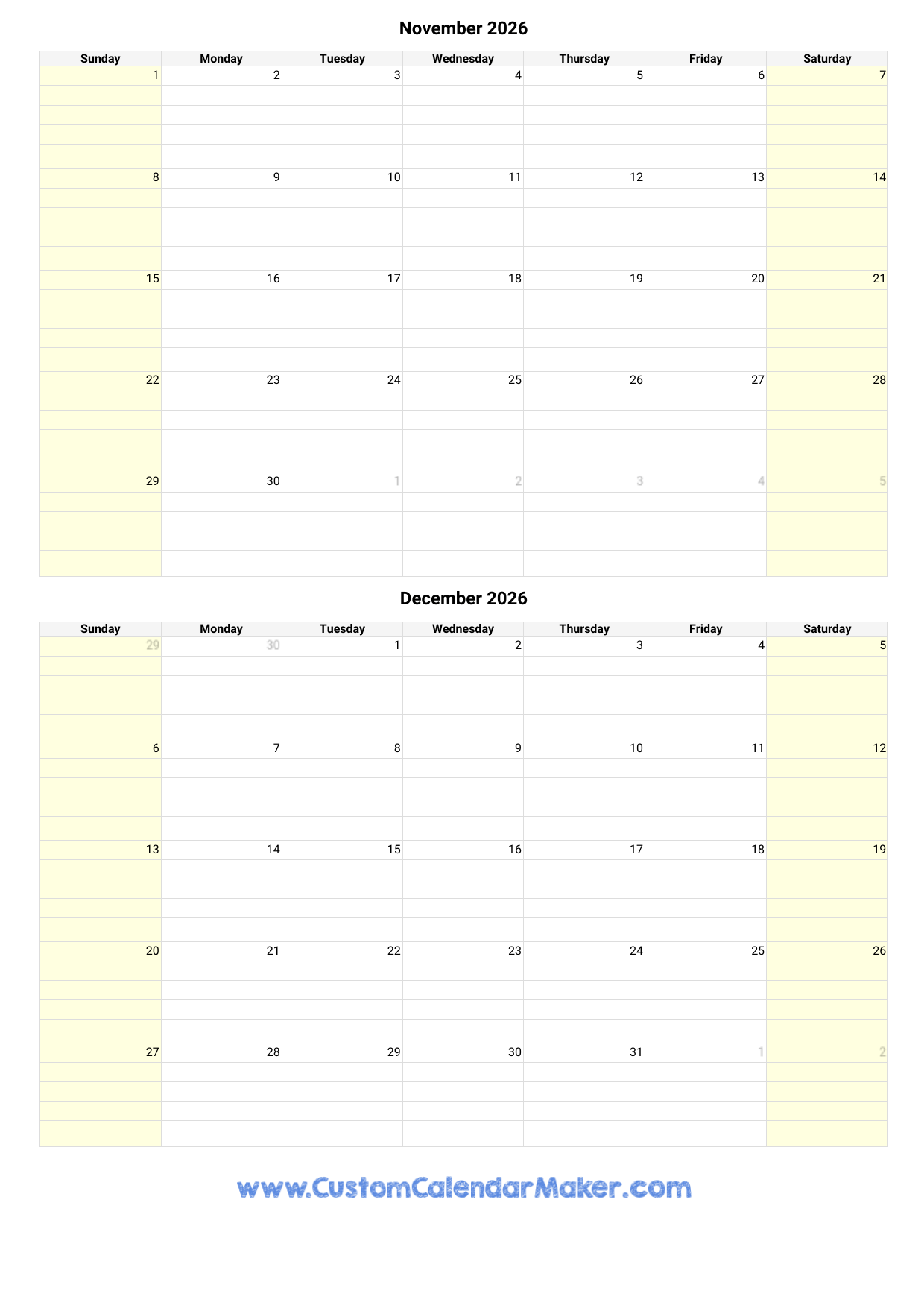 November December 2026 Calendar Free Printable