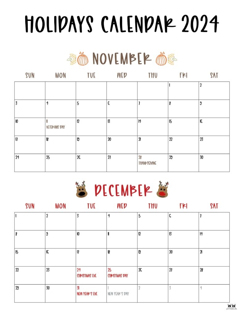 November December Calendar Printable