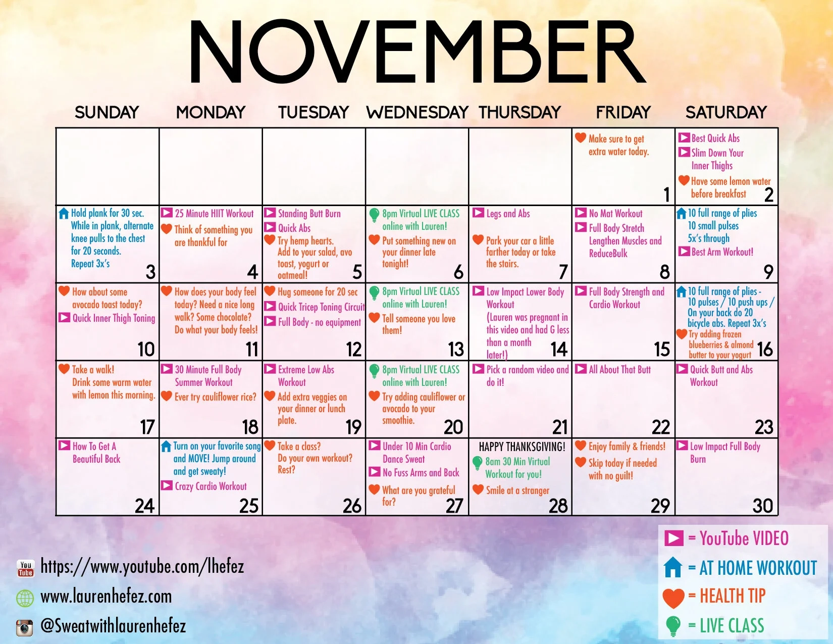 November Fit Calendar Printable LAUREN HEFEZ