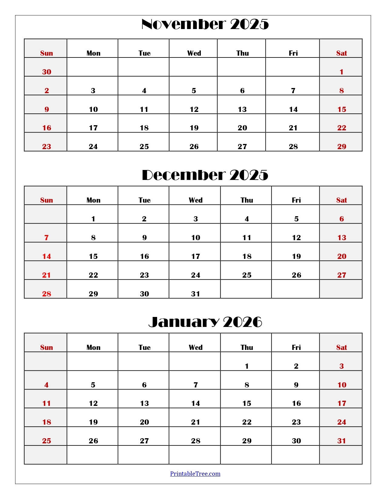 November To January 2026 Calendar Printable PDF Three Months 