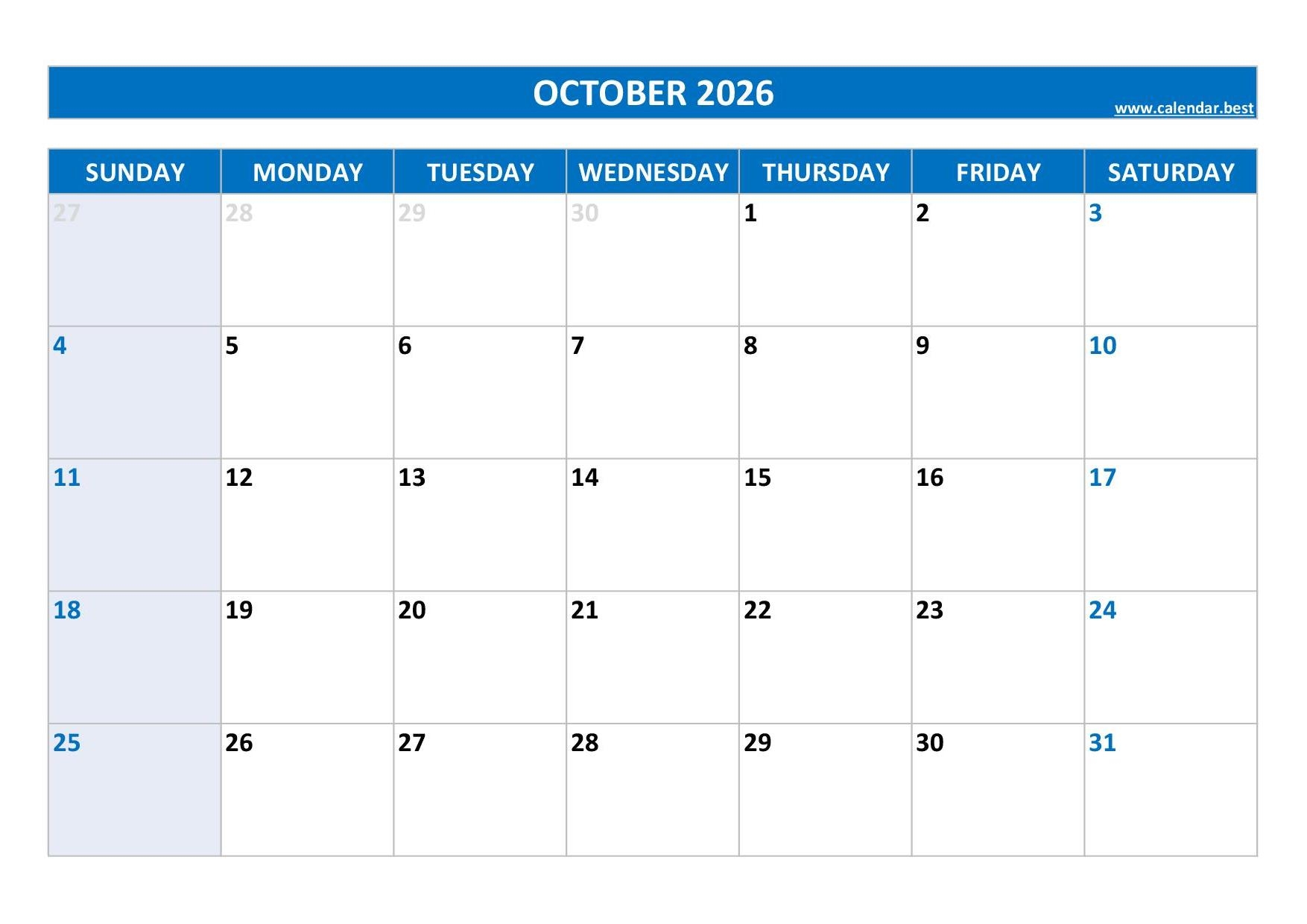 Calendar October November December 2026 Printable