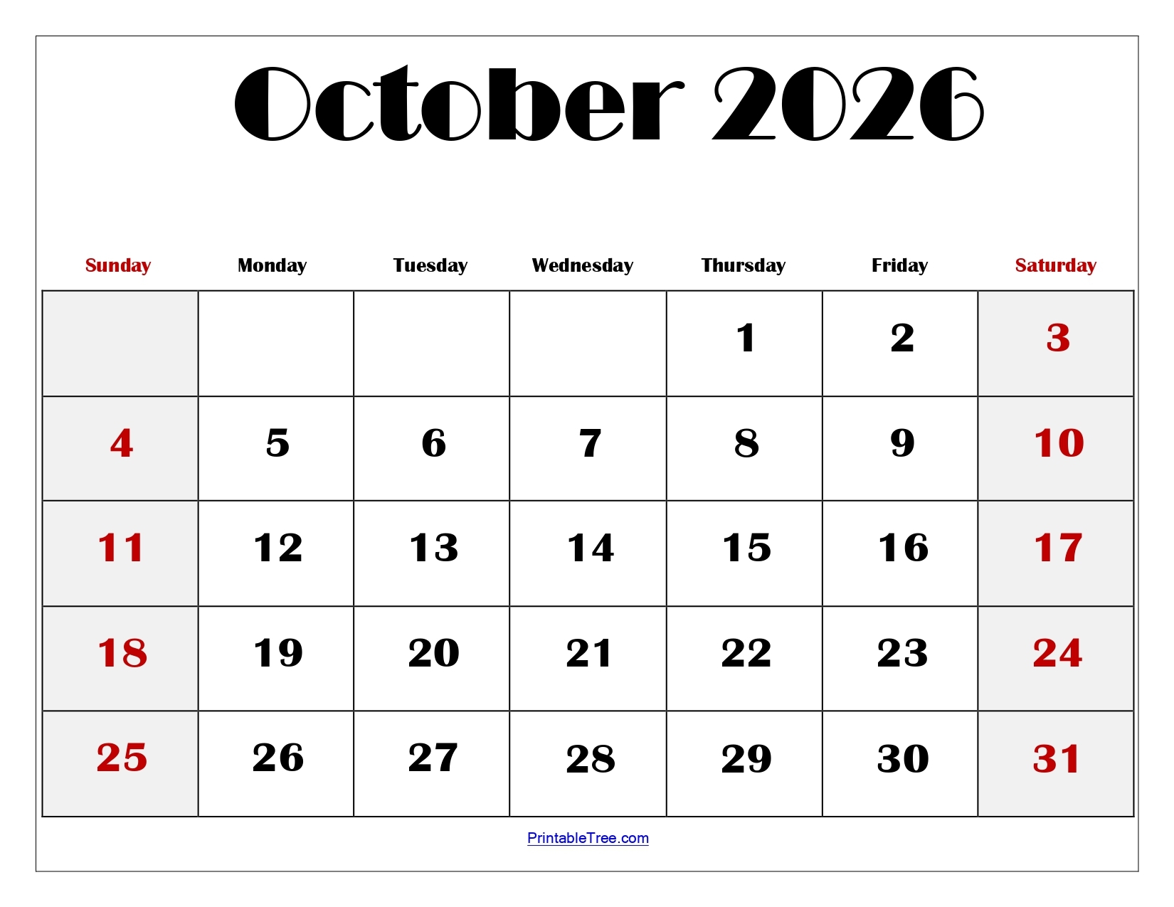 Blank Calendar 2026 October
