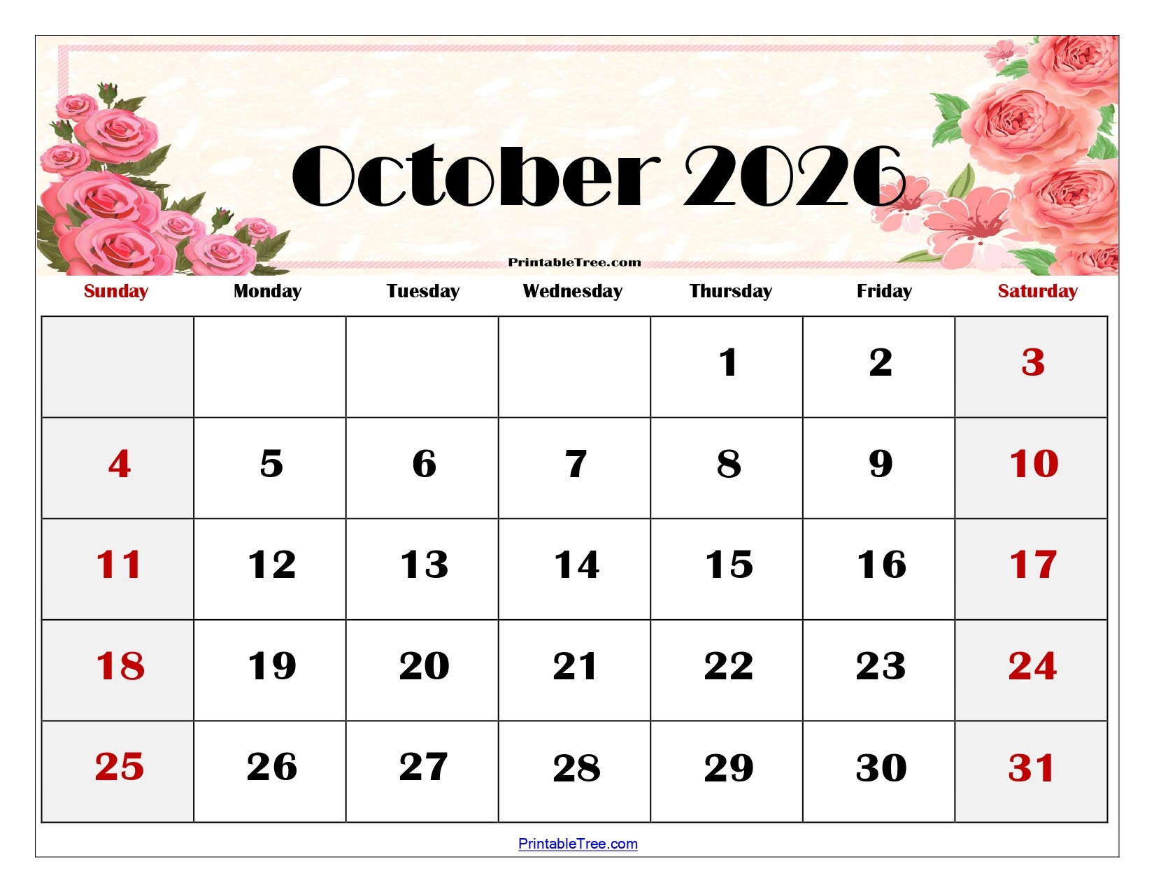 Blank Calendar Template October 2026 Printable