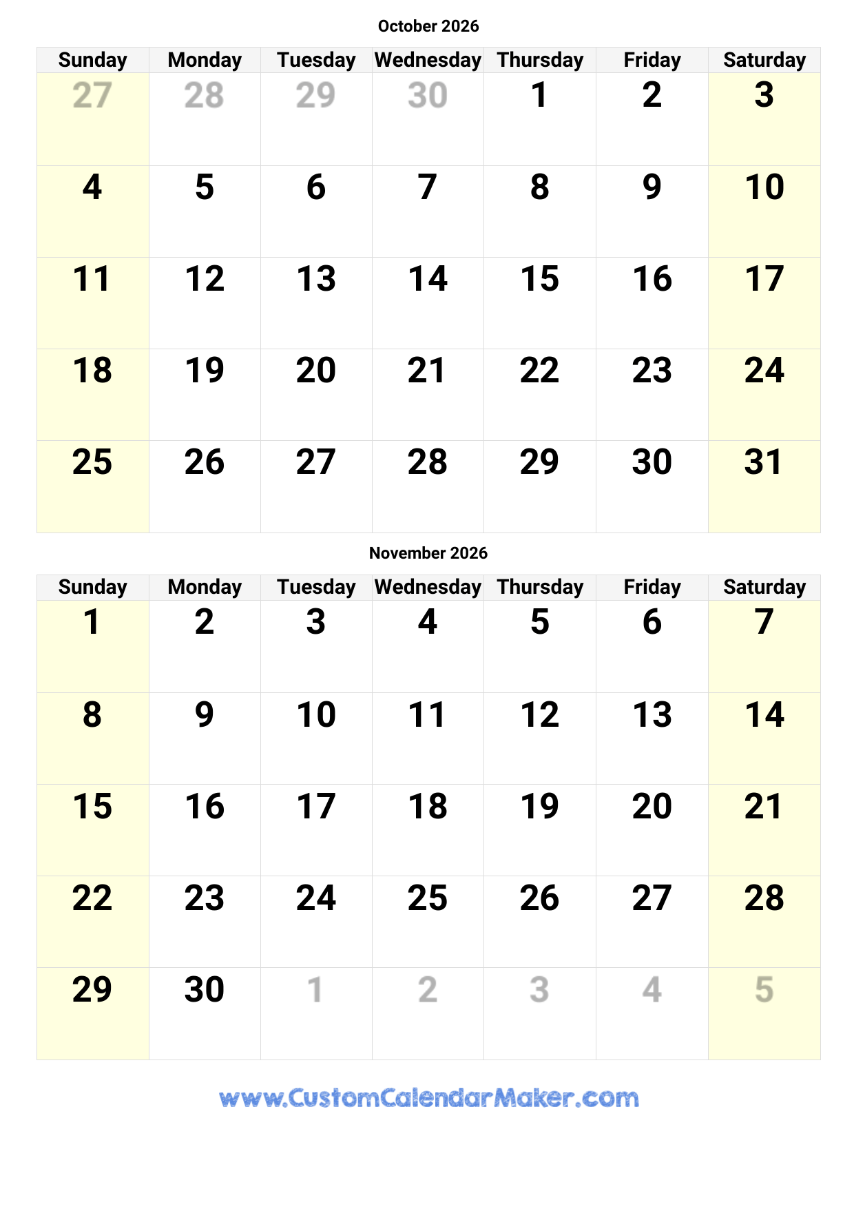 Printable Weekly Calendar Begining November 2026