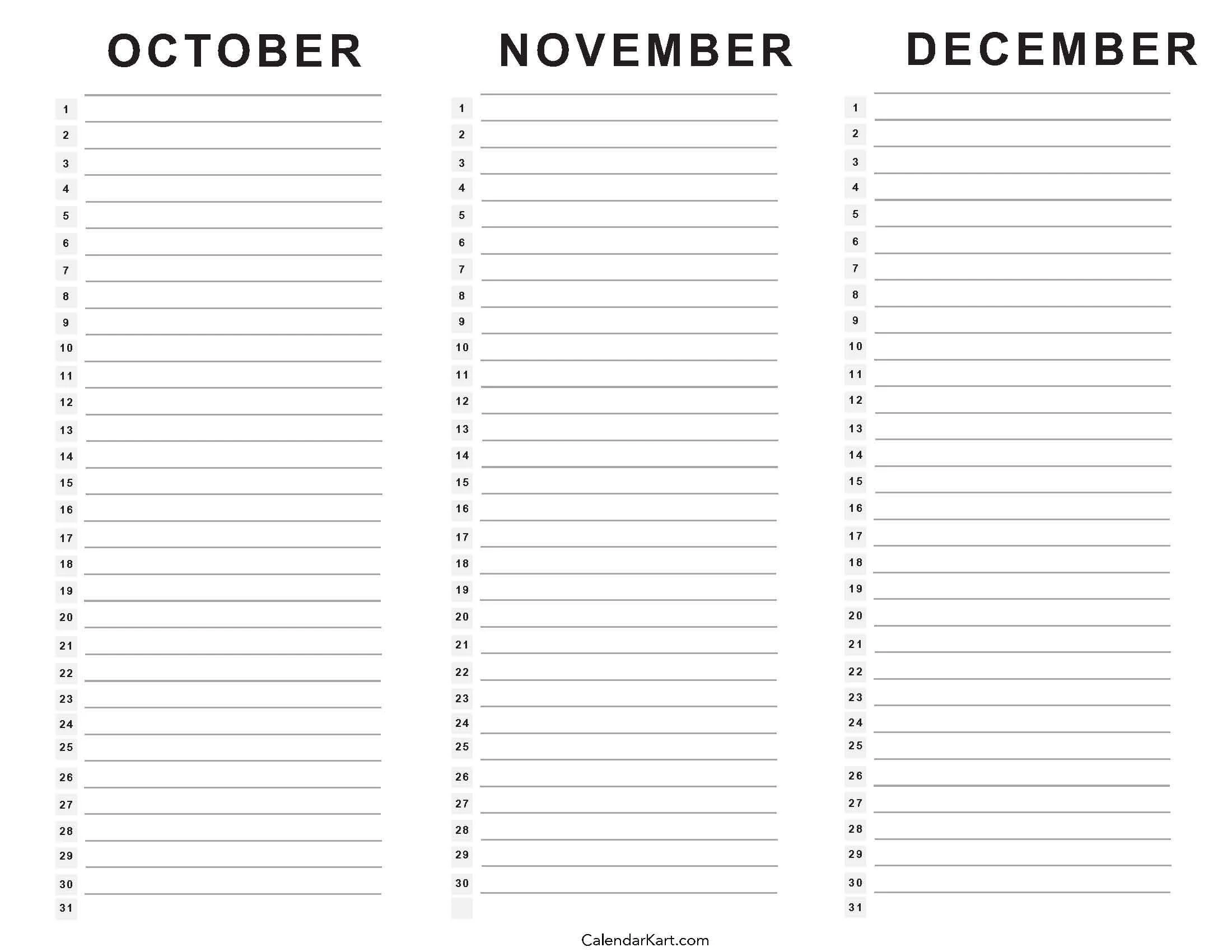 Printable Calendar October November December