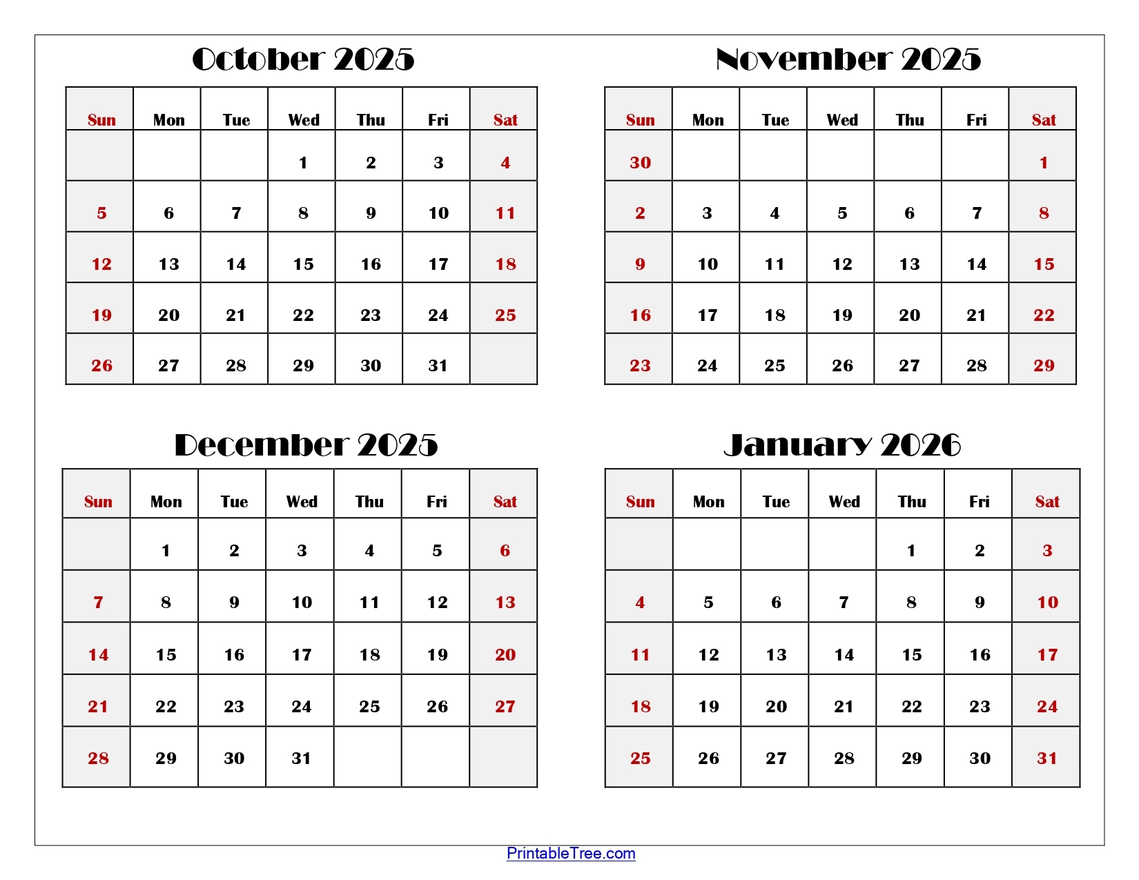 October November December 2026 Calendar Printable