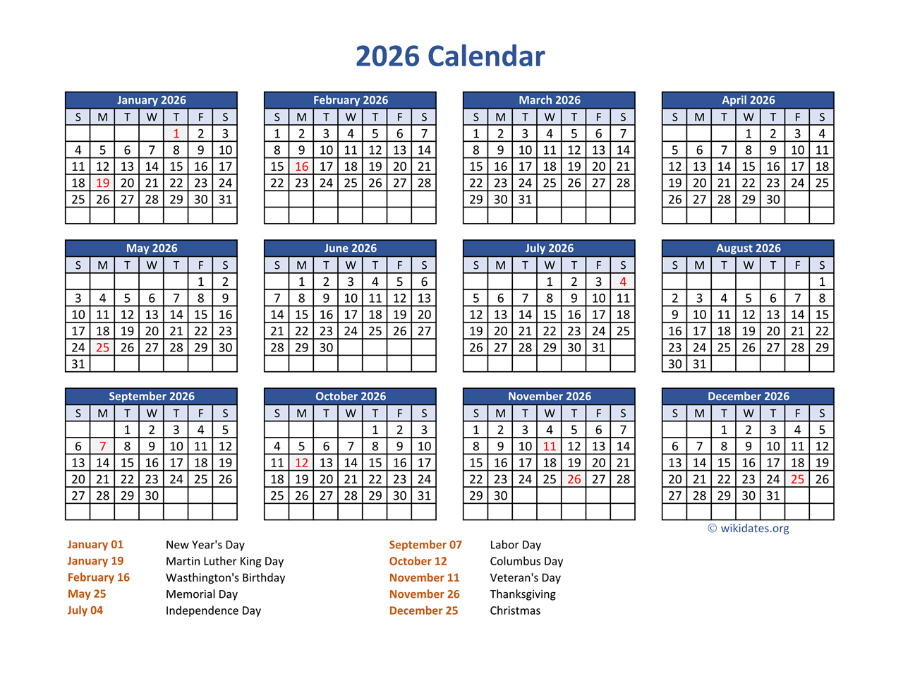 2026 Printable Calendar Template With Holidays
