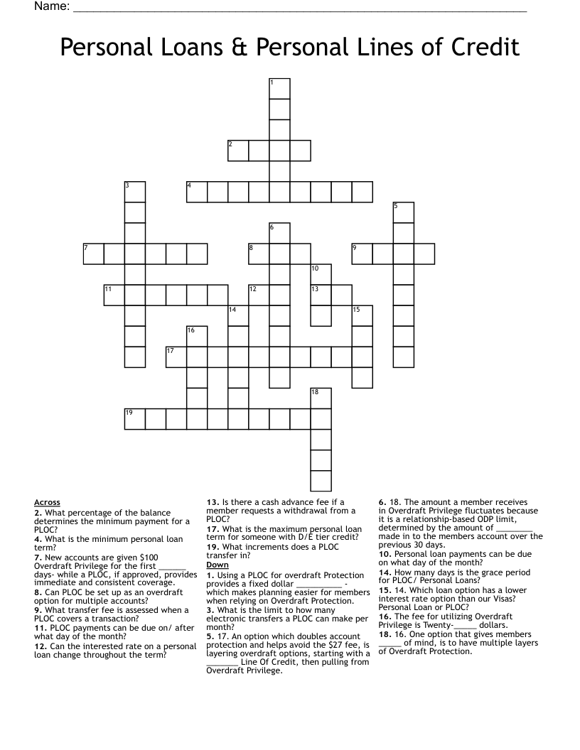 Personal Loans amp Personal Lines Of Credit Crossword WordMint