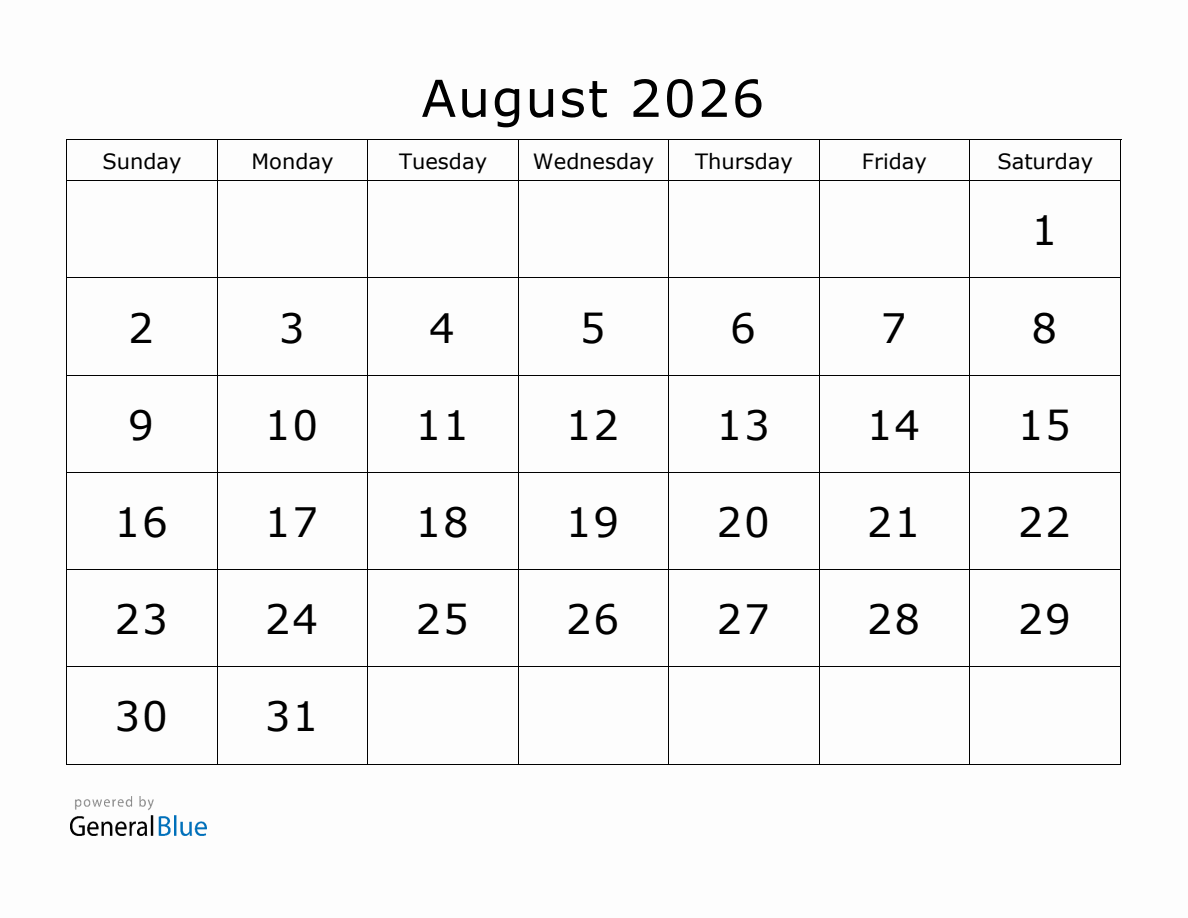 2026 Printable Calendar By Month August
