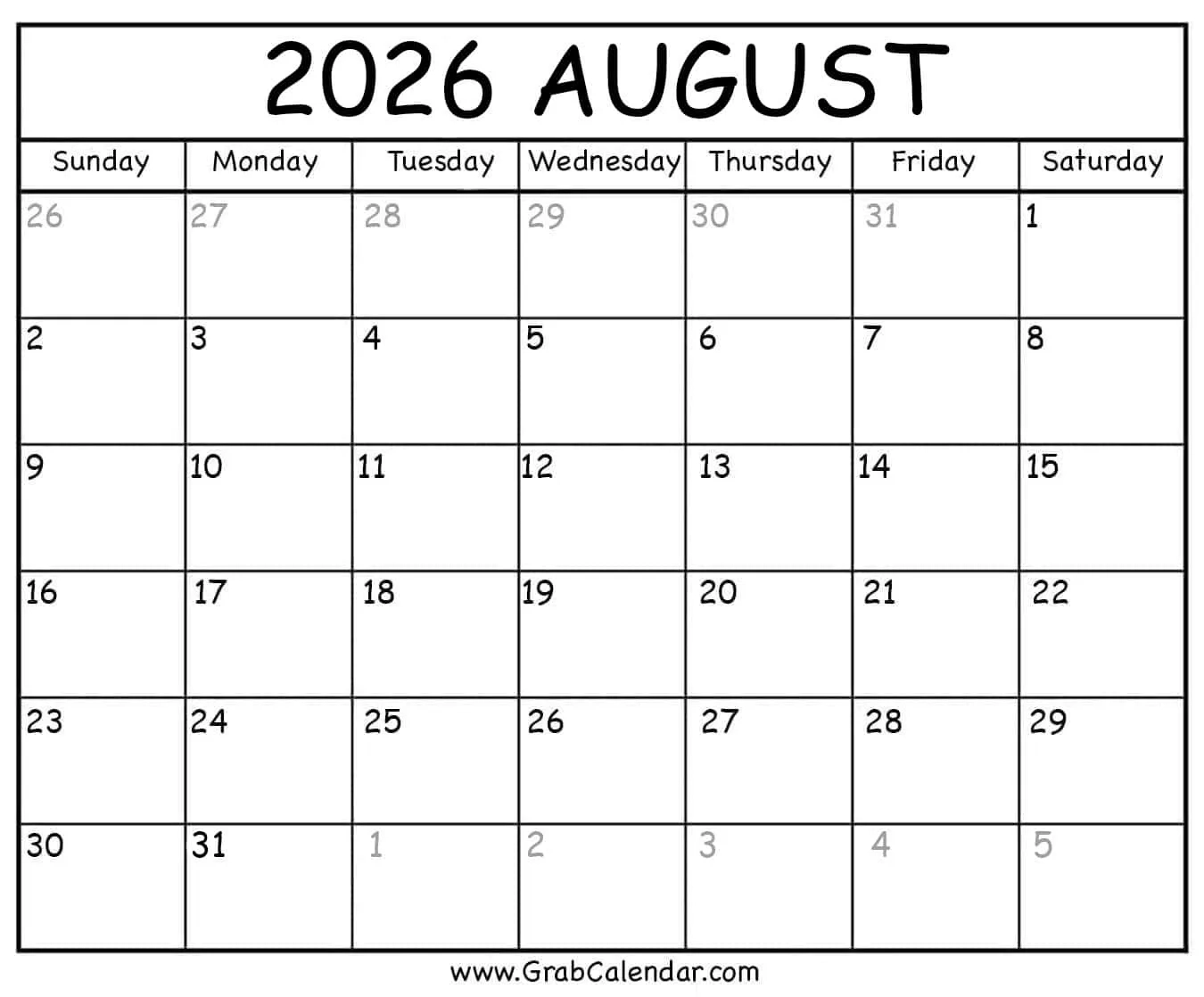 Printable August 2026 Calendar