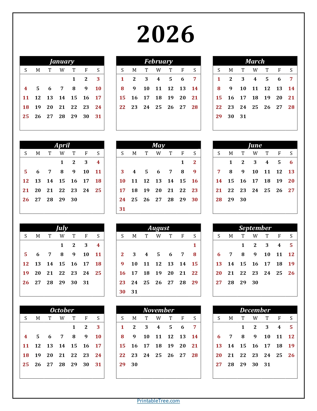 Printable Calendar 2026 Free Printable Uk