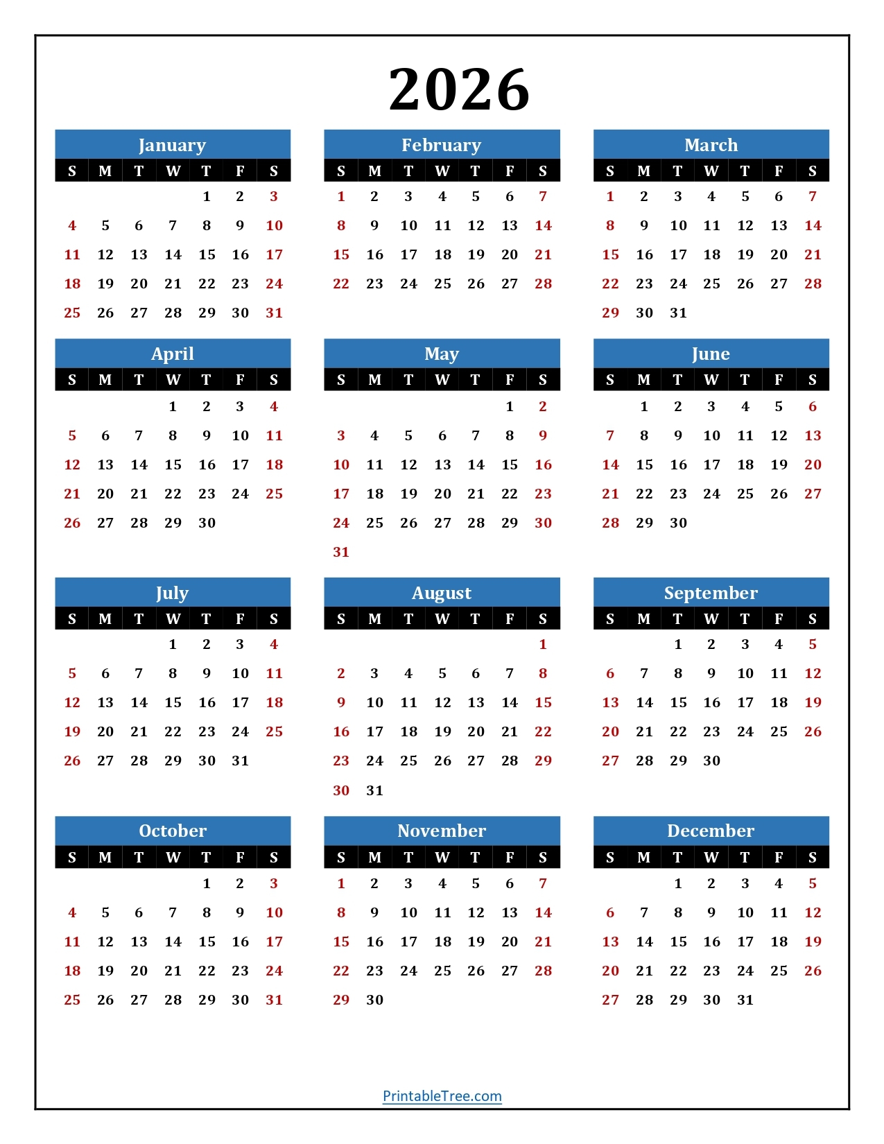 2026 Year Calendar Printable