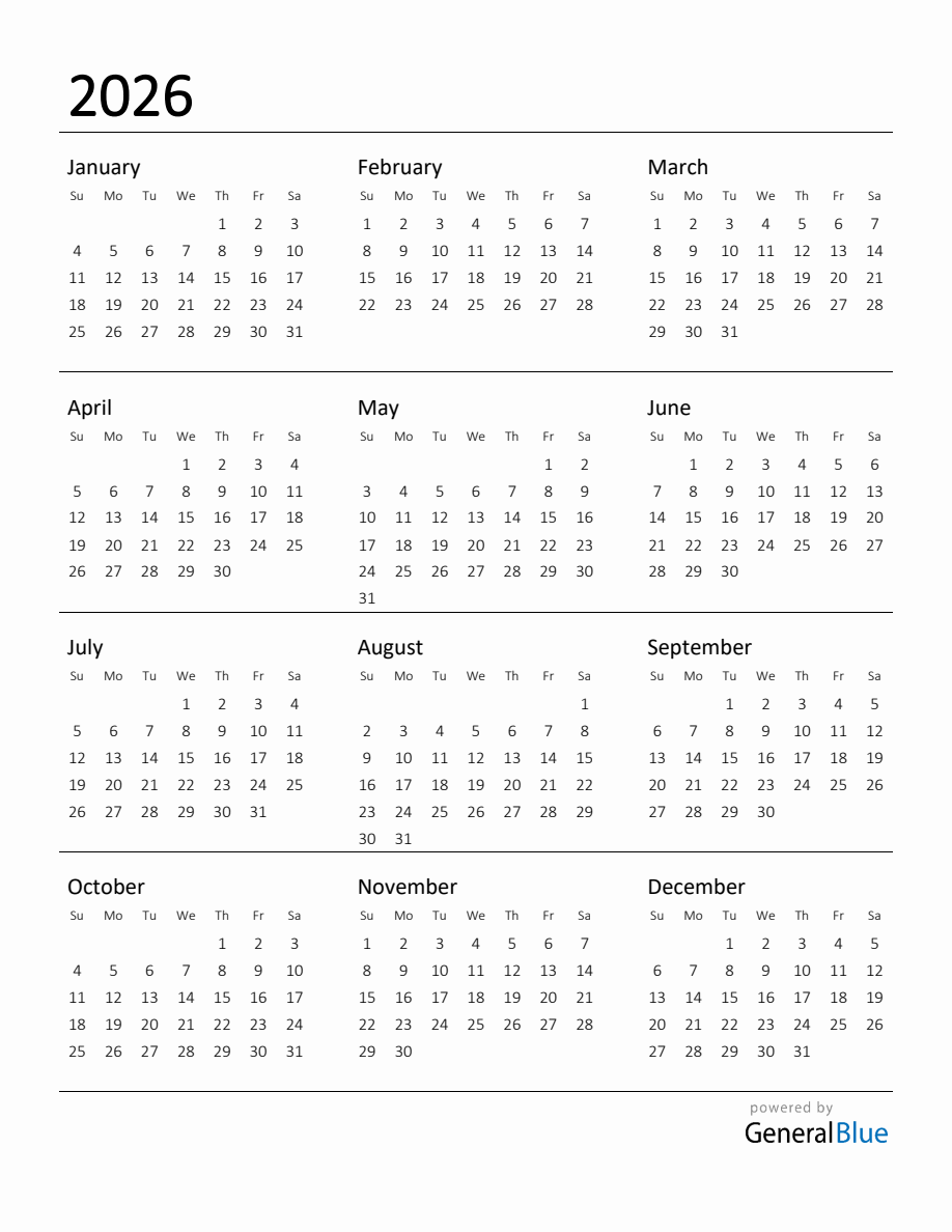 Monthly 2026 Calendar Printable Free
