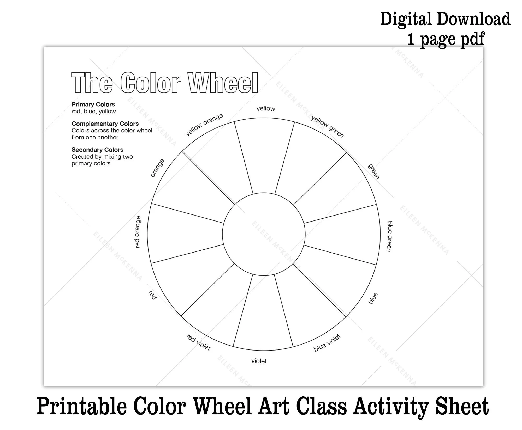 Printable Color Wheel Kids Art Class Activity Sheet Digital 