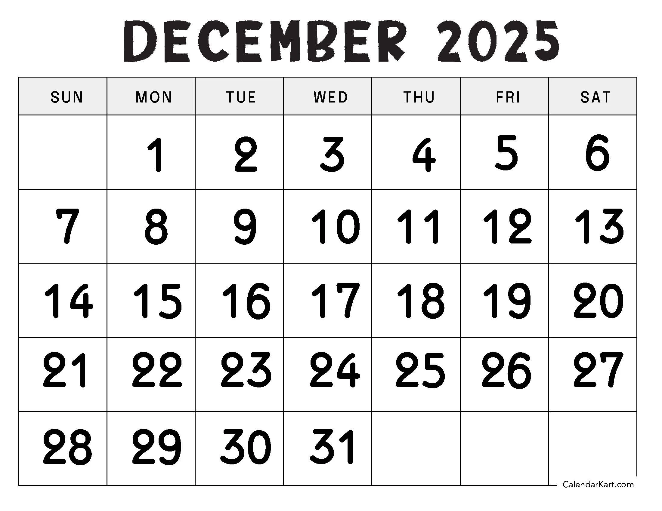 Large December Printable Calendar