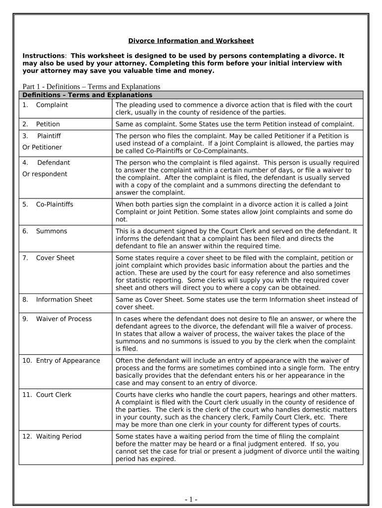 Printable Divorce Asset Worksheet