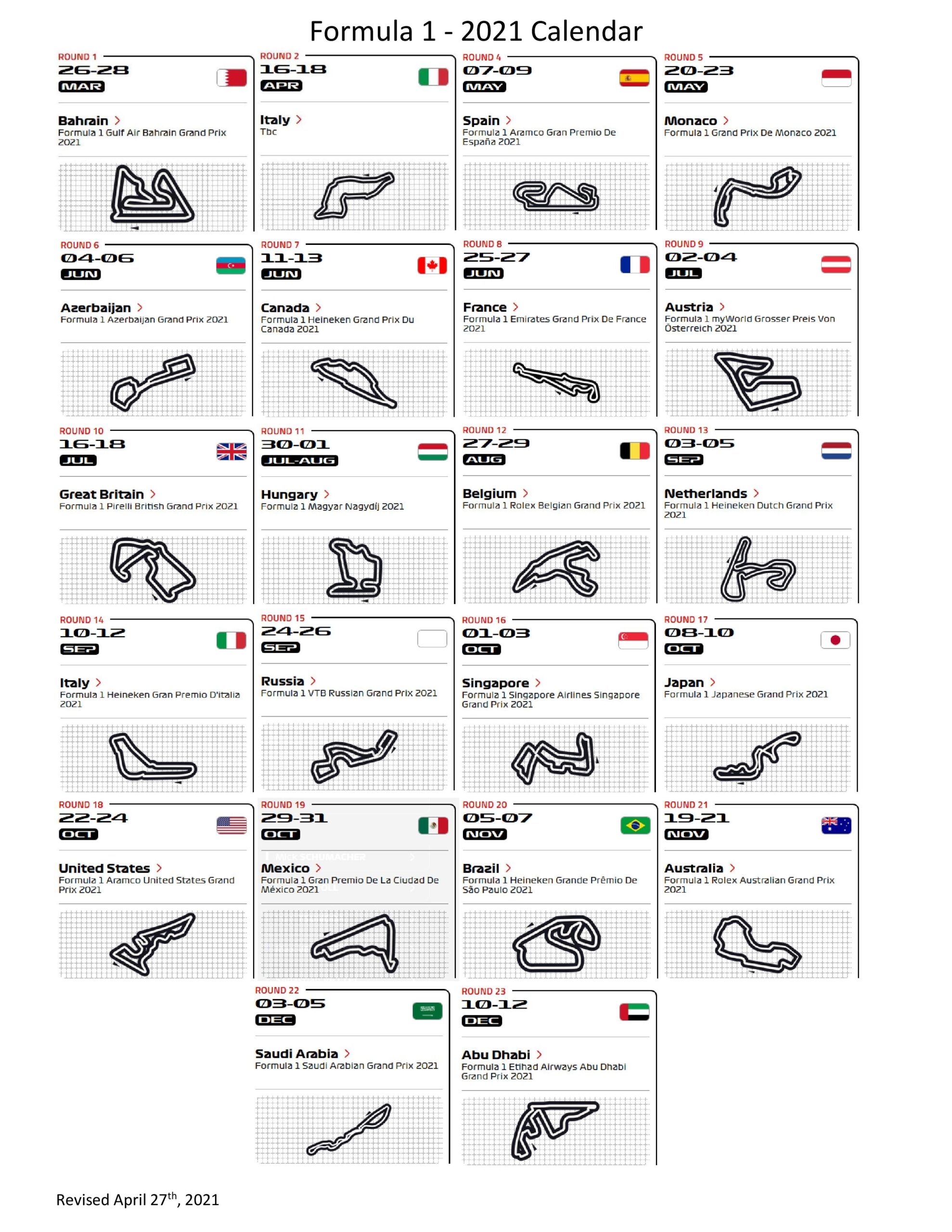Printable F1 2021 Calendar Updated April 27th 2021 R formula1