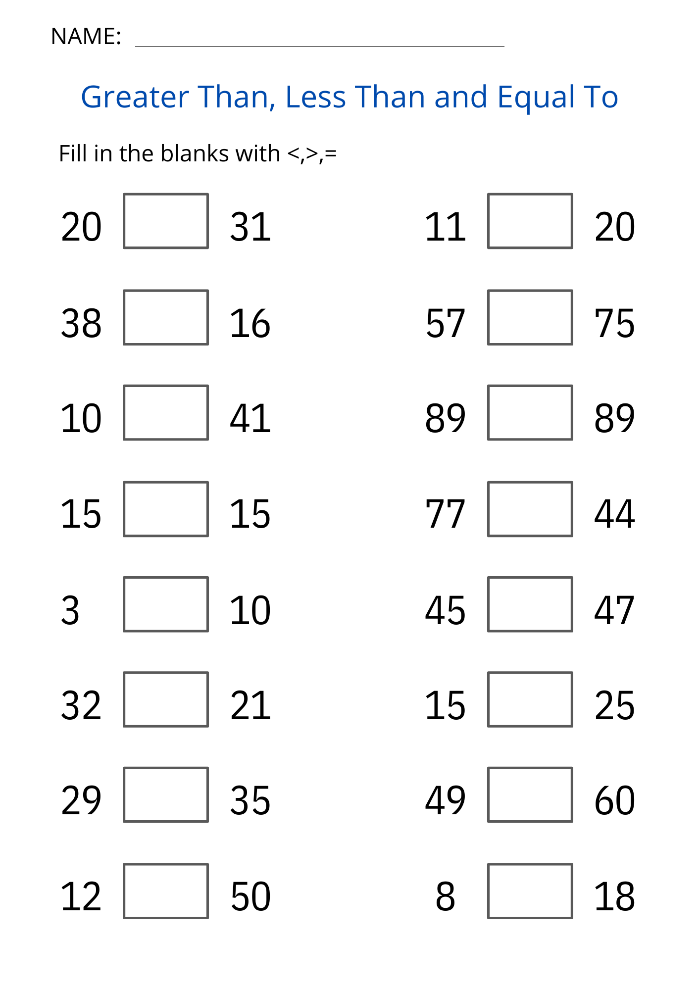 Greater Than Less Than Free Printable Worksheets