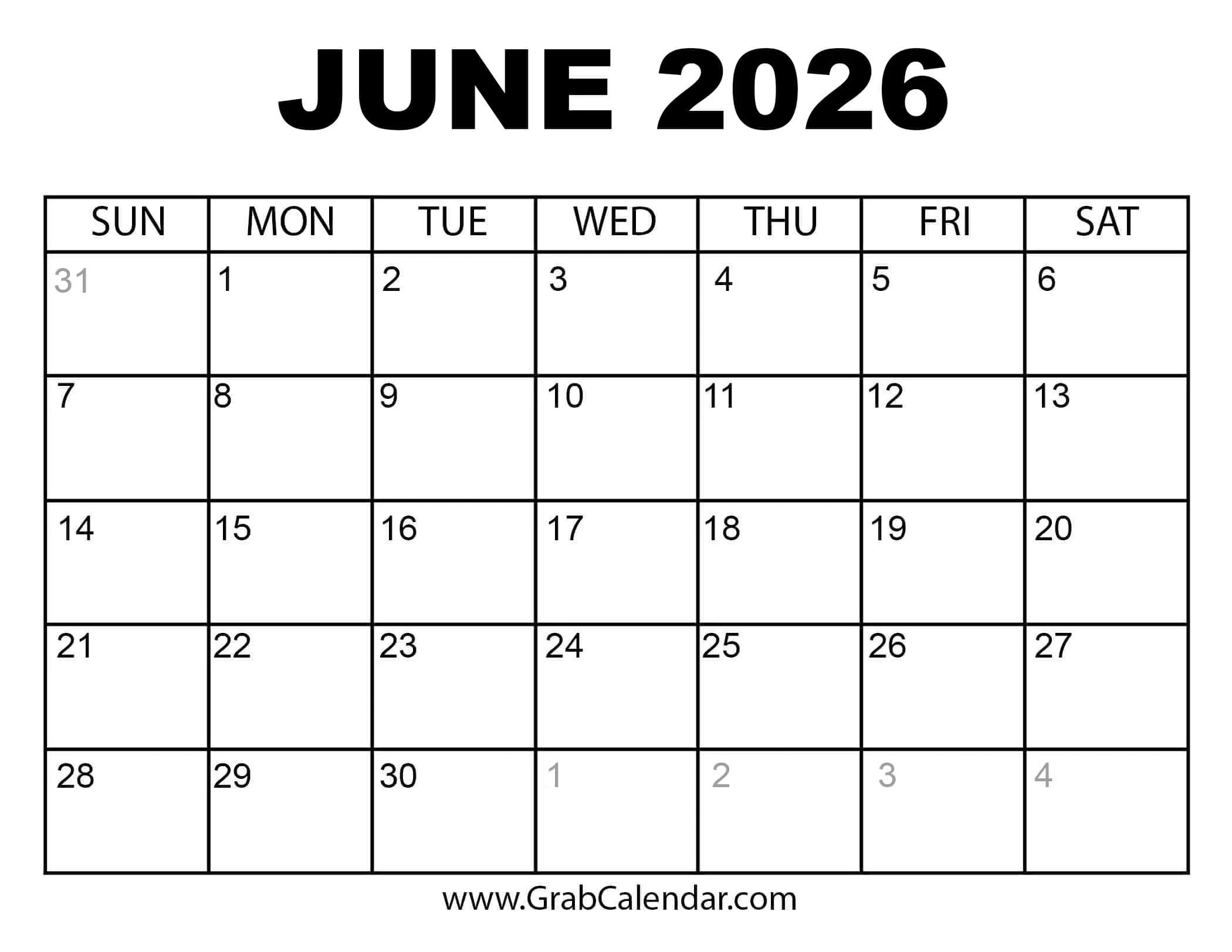 Printable Calendar 2026 June July August
