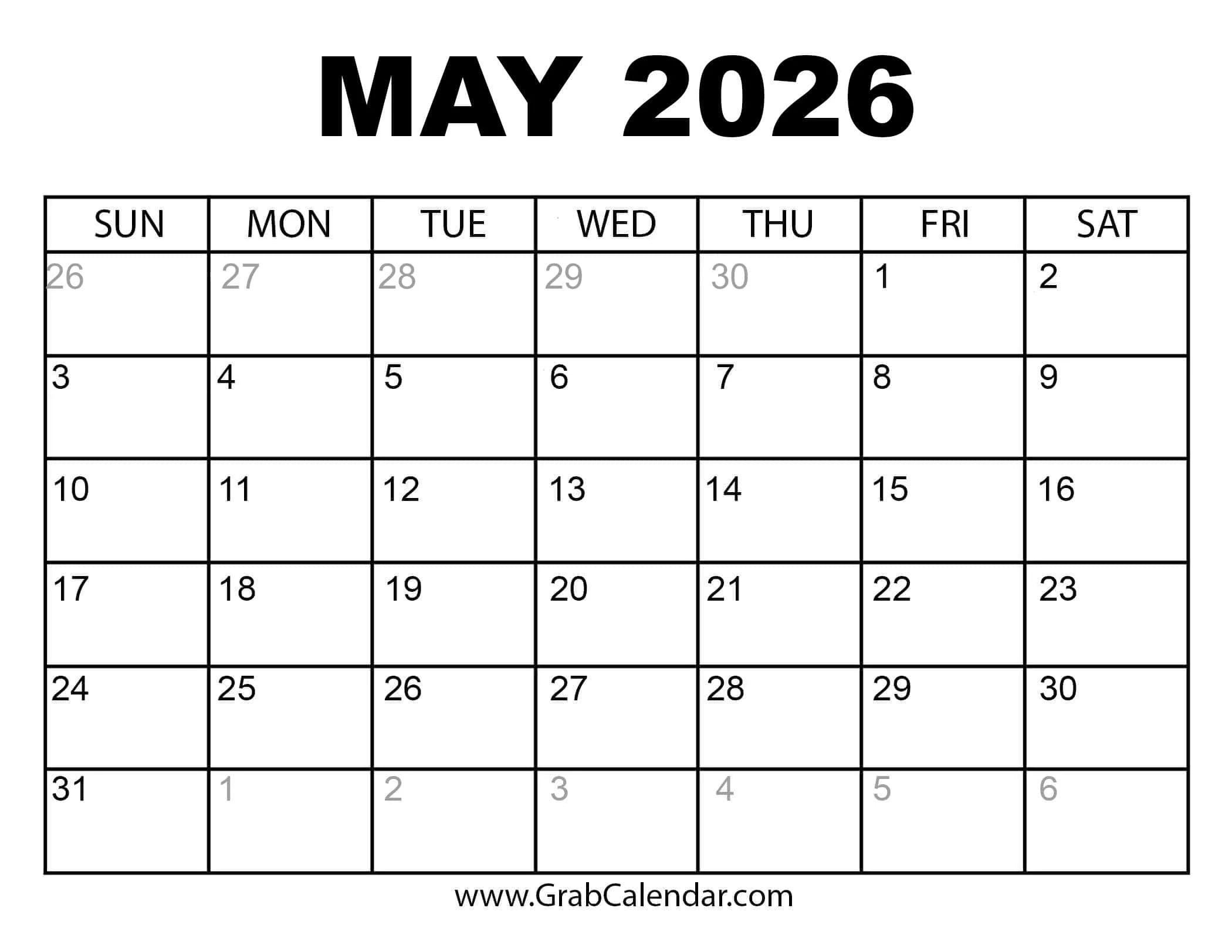Blank Calendar 2026 May June July