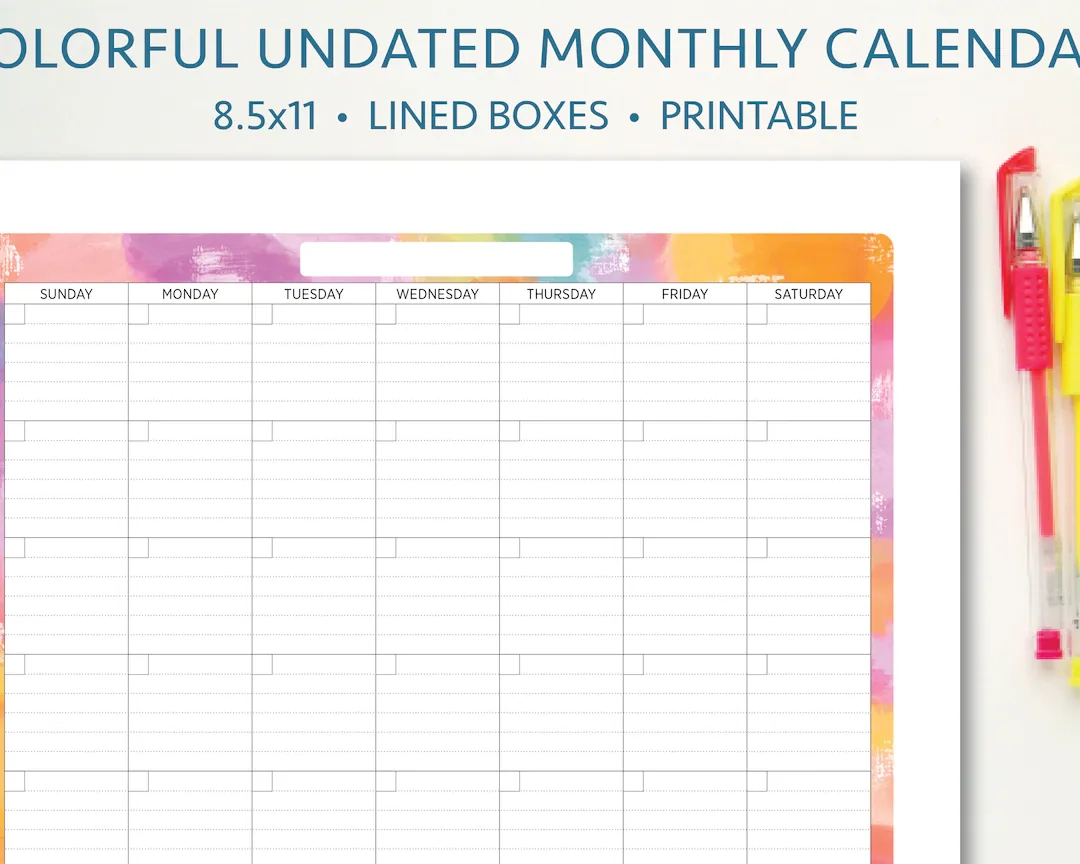 Printable Monthly Calendar Undated Colorful Printable Calendar 