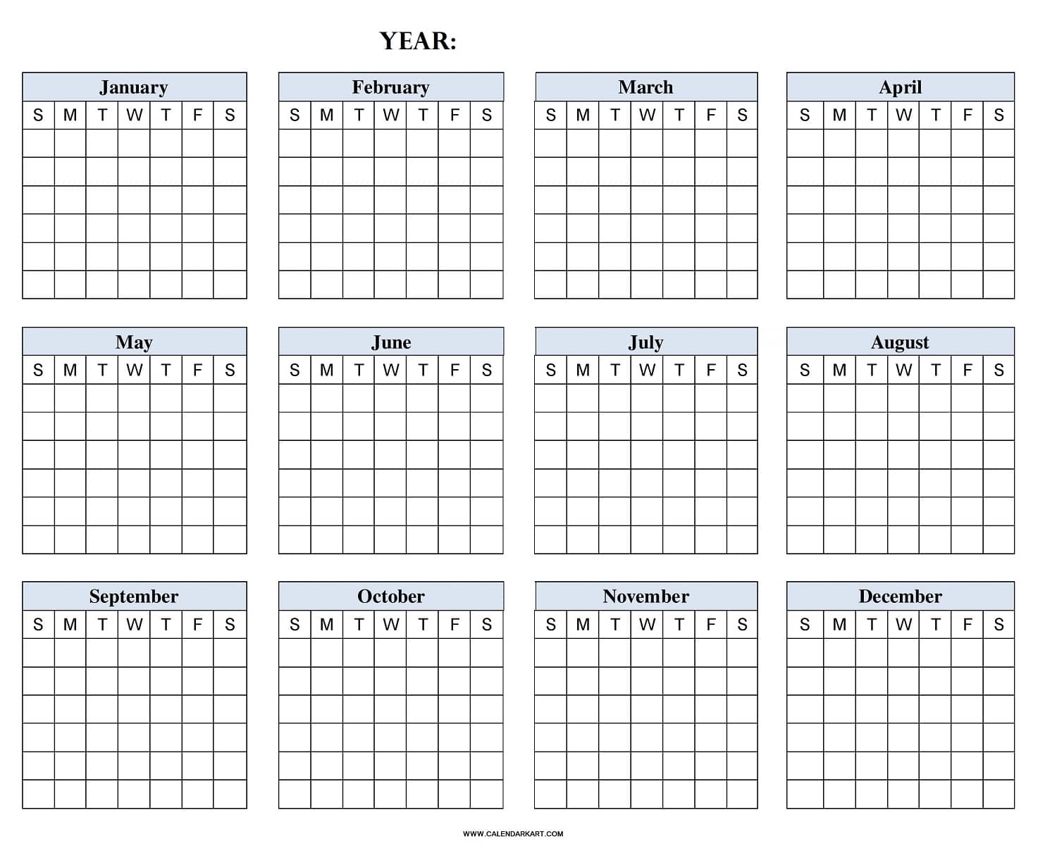 Blank Printable Yearly Calendar