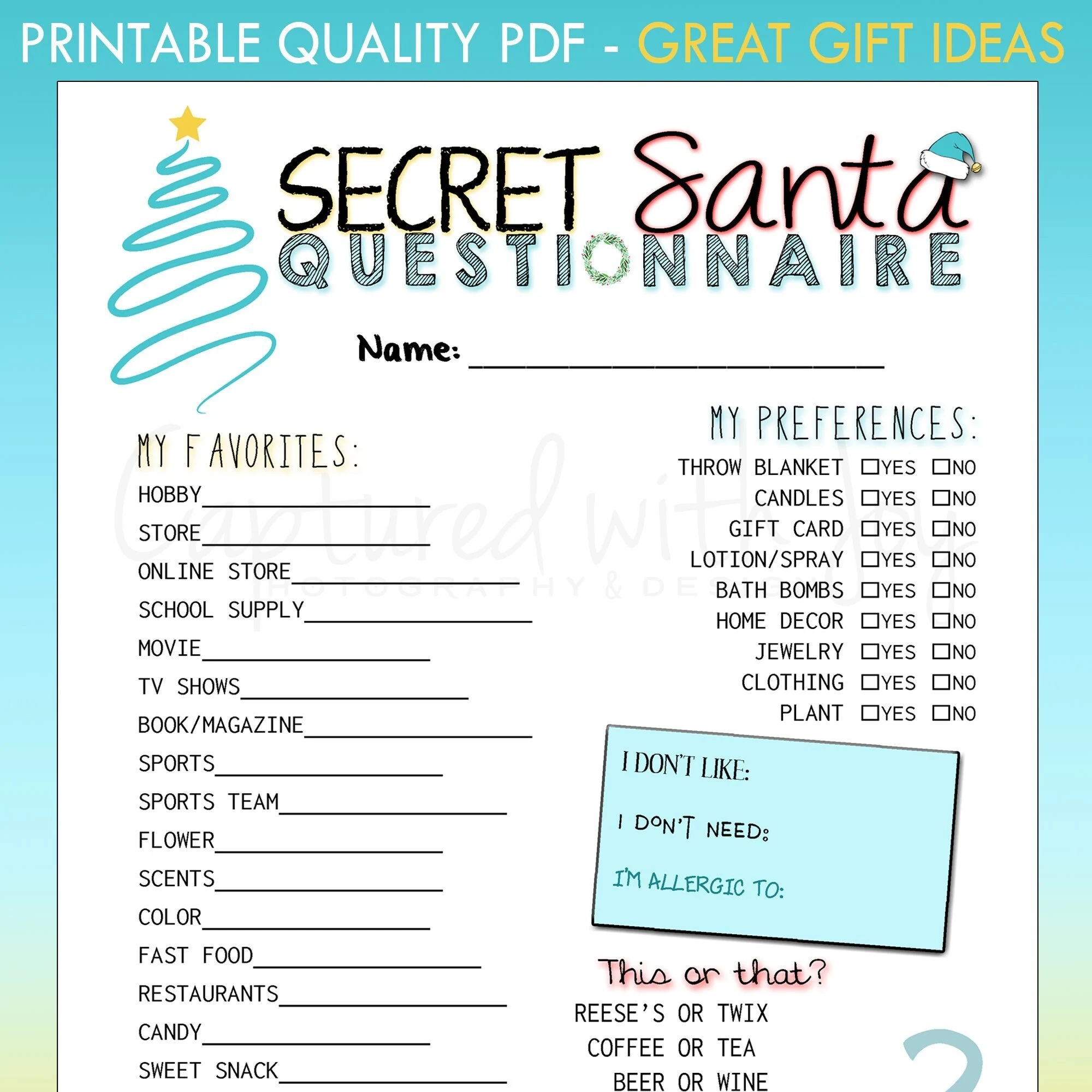 Printable Secret Santa Questionnaire For Gift Exchange work Or 