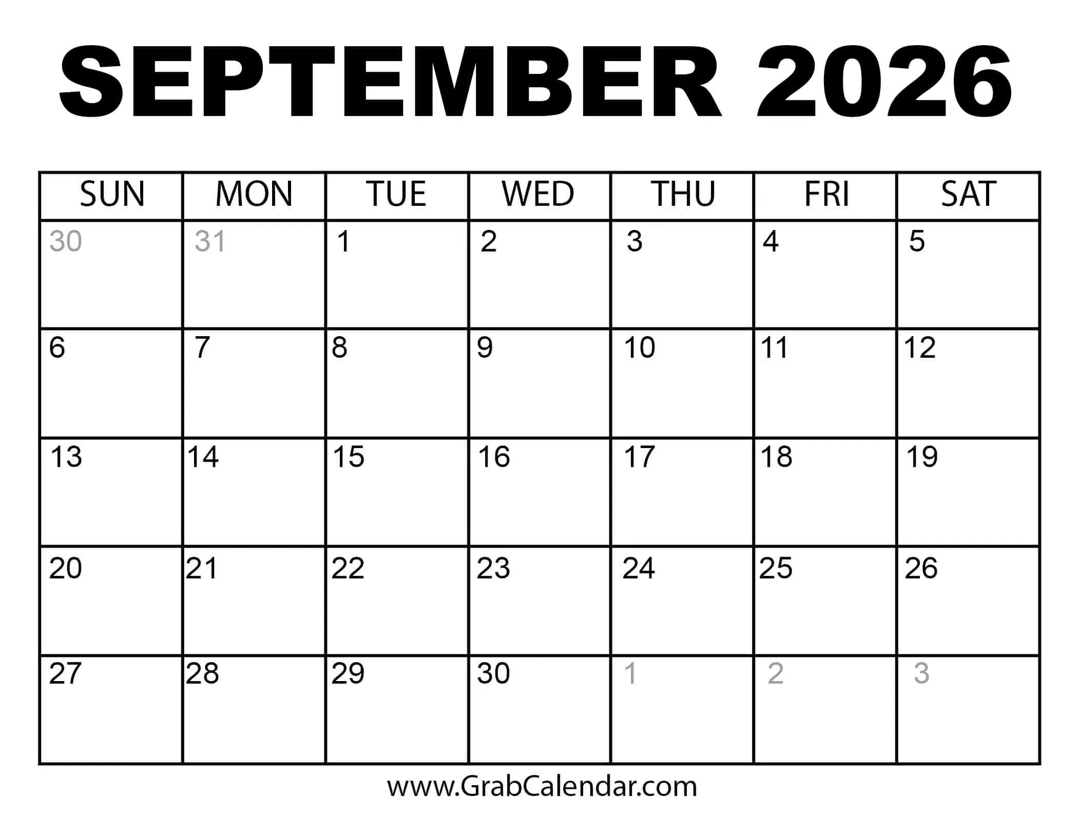 Blank September 2026 Calendar Page