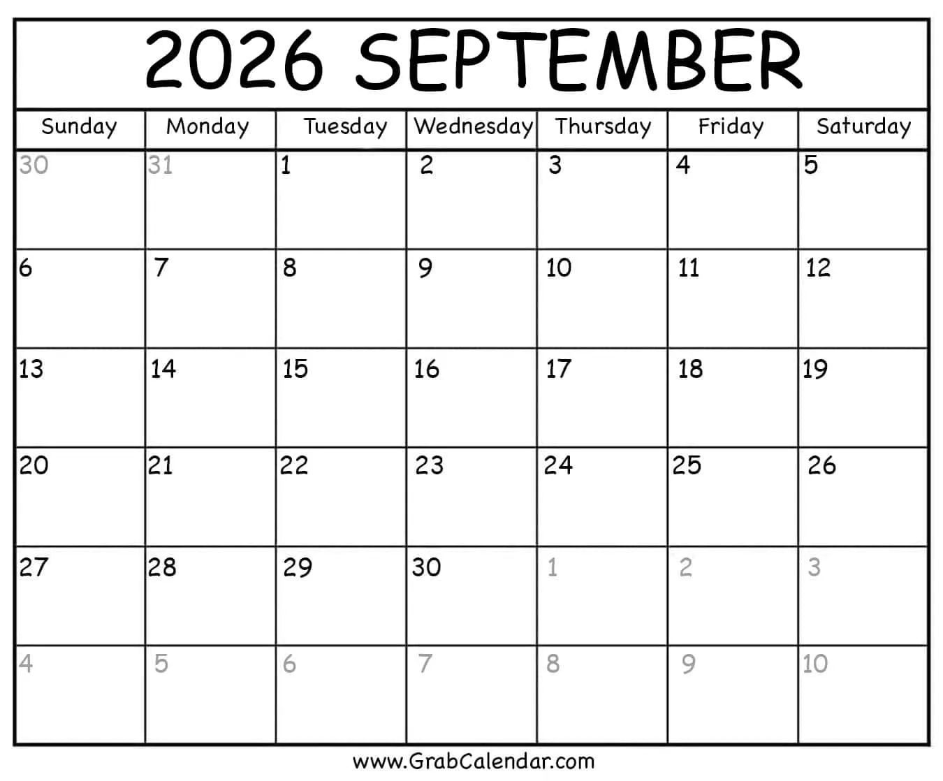 Printable September 2026 Calendar